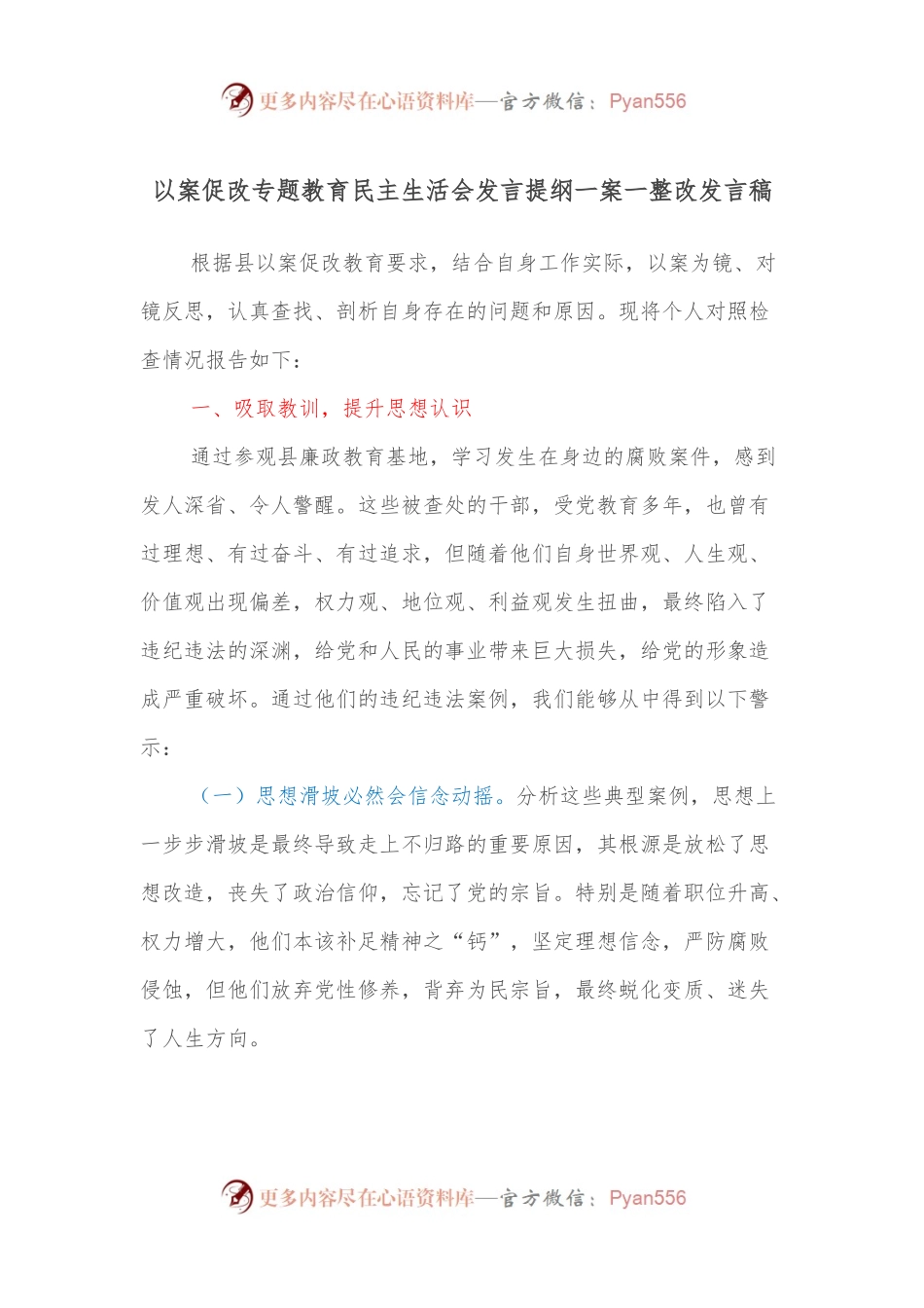 以案促改专题教育民主生活会发言提纲一案一整改发言稿.docx_第1页