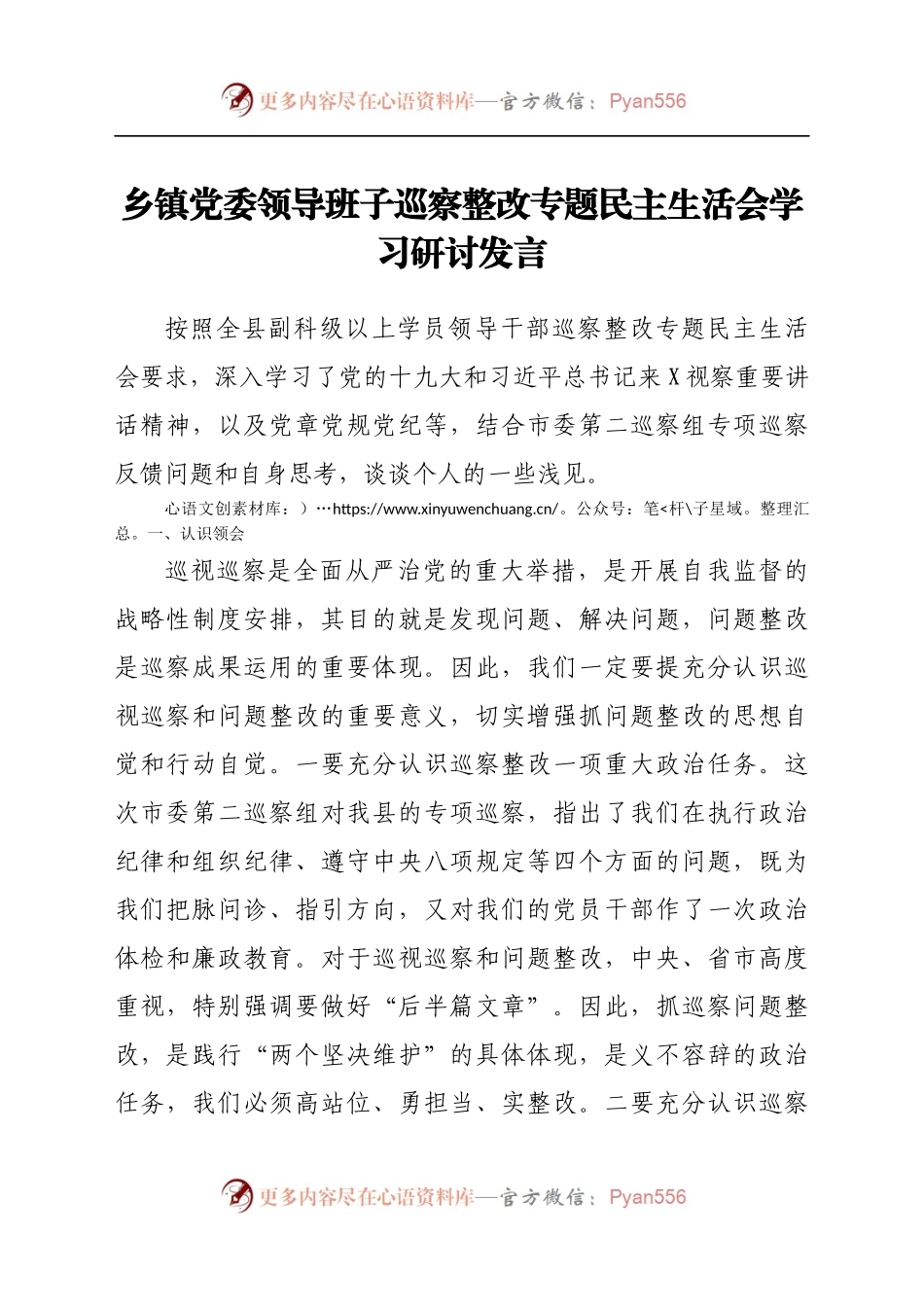 乡镇党委领导班子巡察整改专题民主生活会学习研讨发言（8).docx_第1页