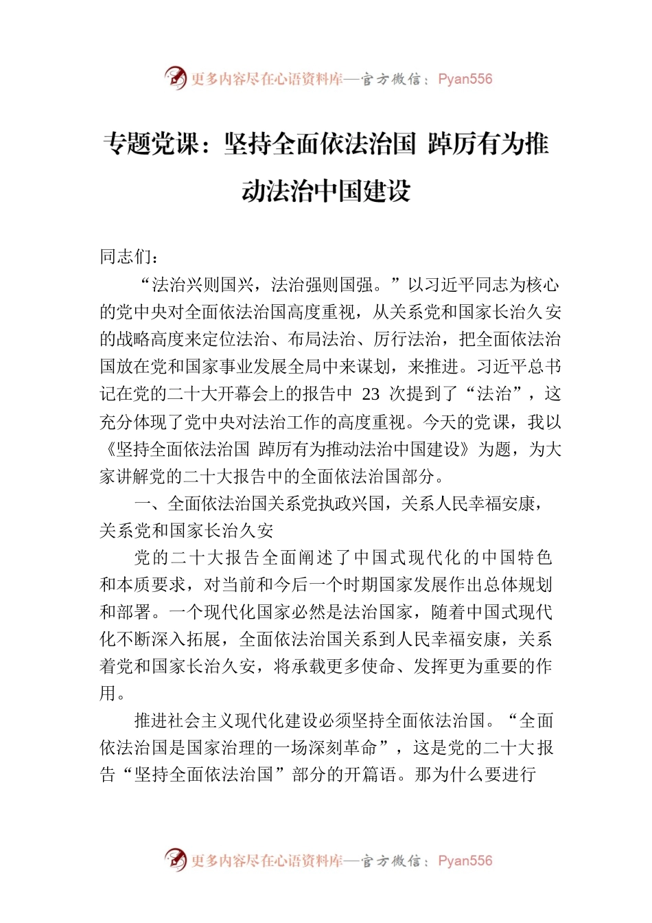 专题党课：坚持全面依法治国 踔厉有为推动法治中国建设.docx_第1页