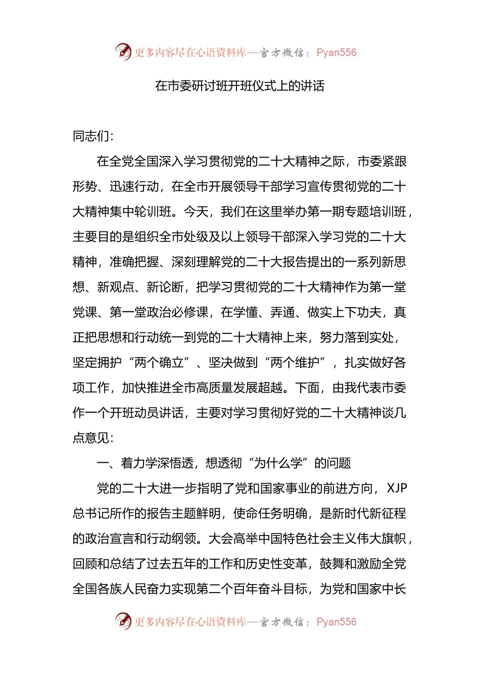 专题研讨：在市委研讨班开班仪式上的讲话.docx_第1页
