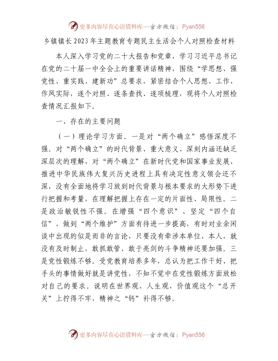 乡镇镇长2023年主题教育专题民主生活会个人对照检查材料(1).docx_第1页