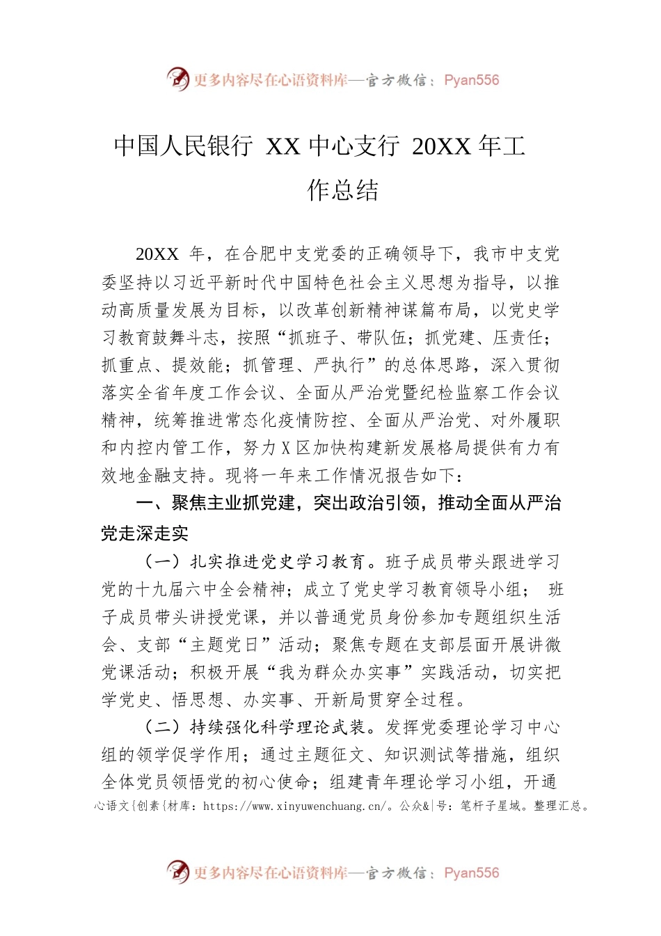 中国人民银行XX中心支行20XX年工作总结.docx_第1页