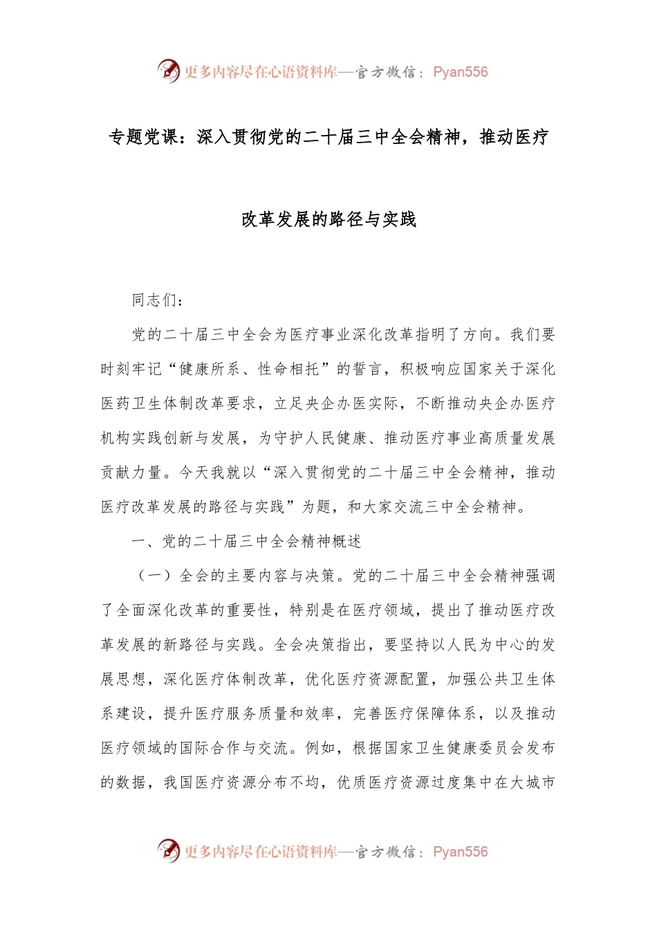 专题党课：深入贯彻党的二十届三中全会精神，推动医疗改革发展的路径与实践.docx_第1页