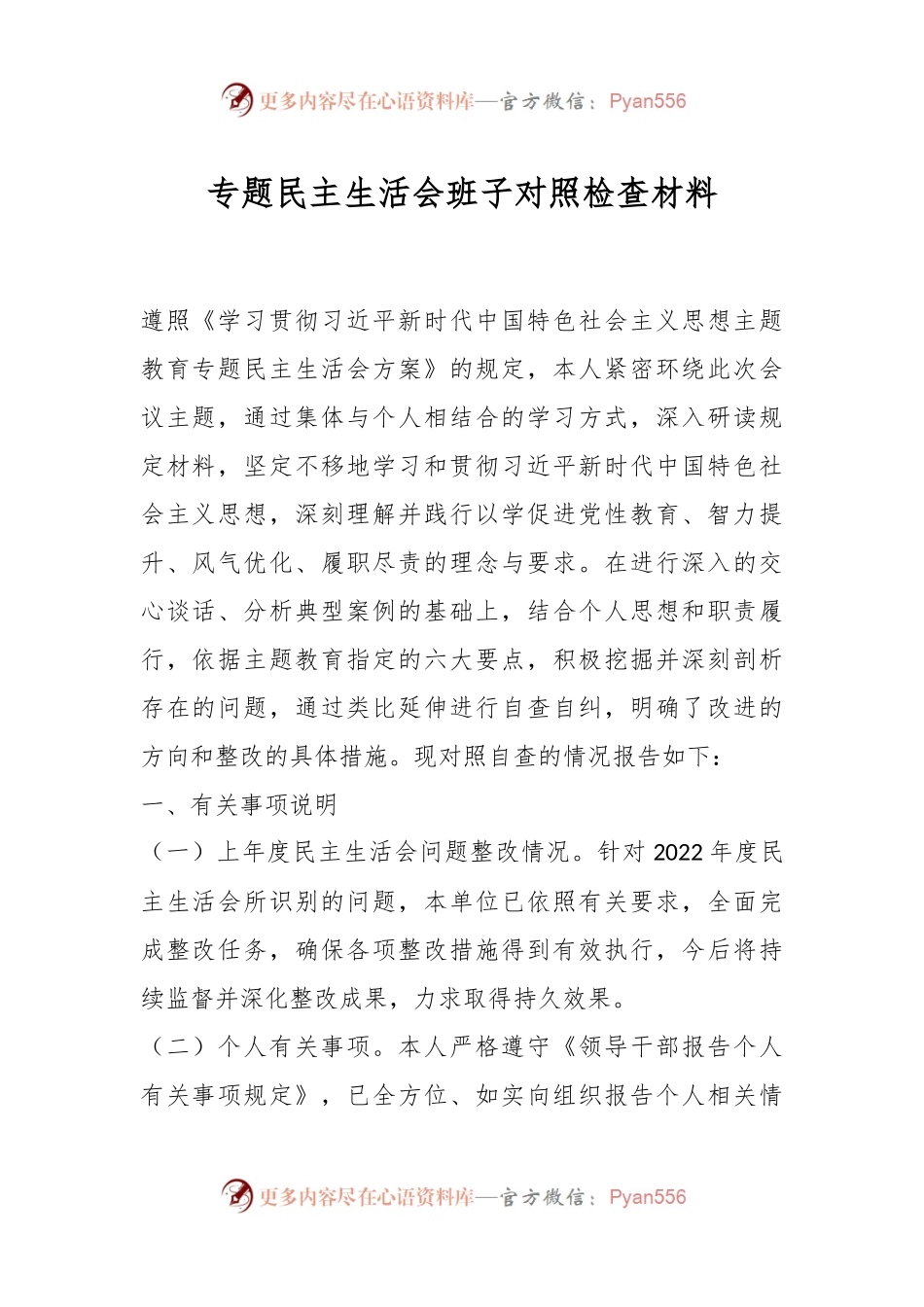 专题民主生活会班子对照检查材料.docx_第1页