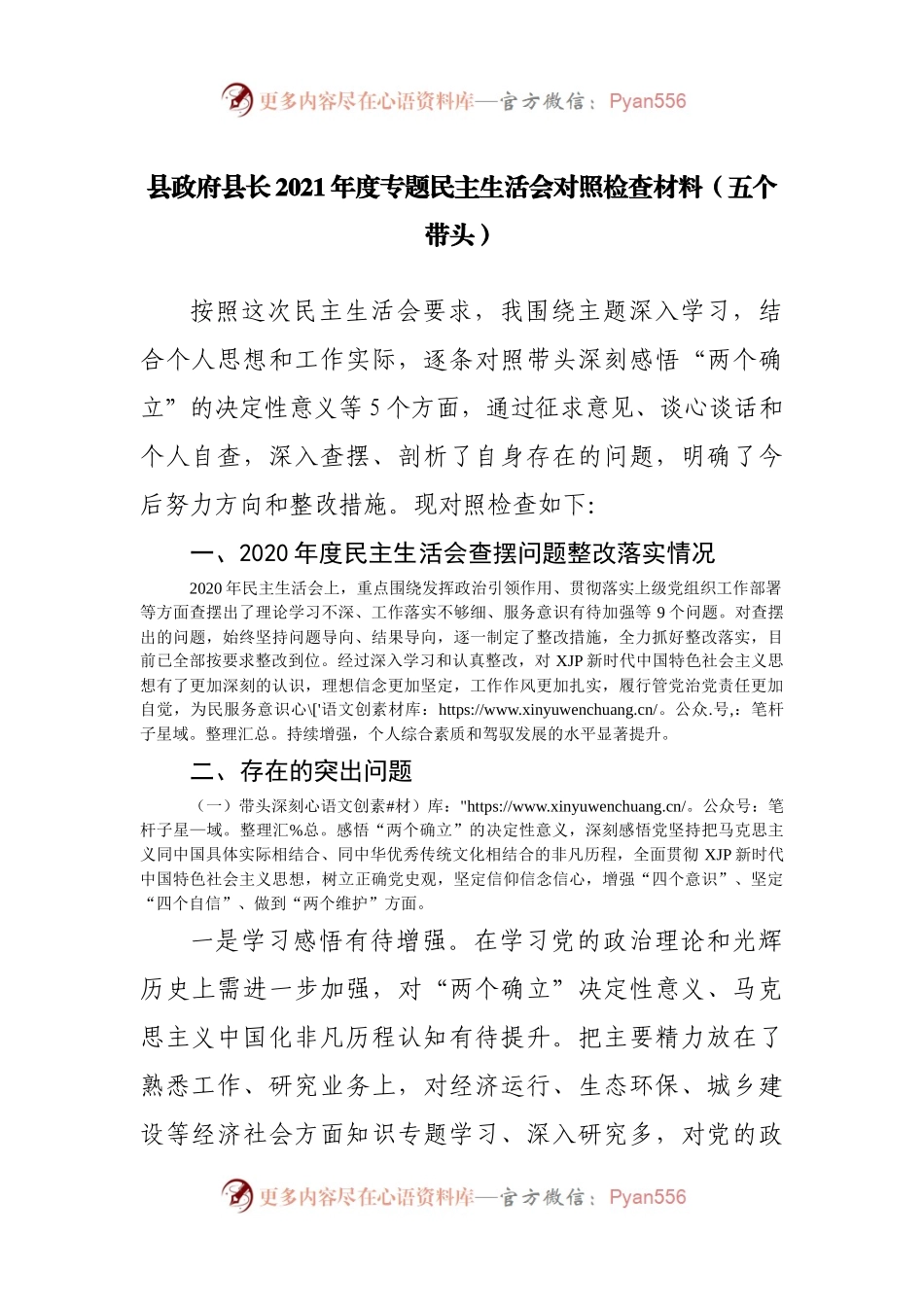 个人2021年度专题民主生活会对照检查材料（县长）.docx_第1页
