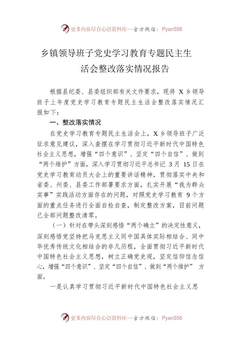乡镇领导班子党史学习教育专题民主生活会整改落实情况报告.docx_第1页