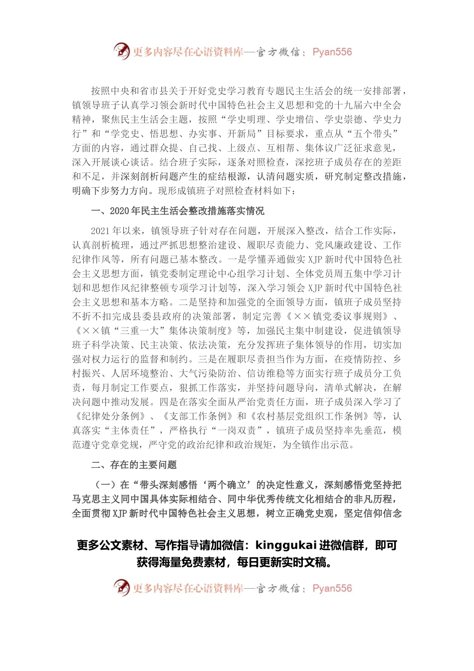 乡镇领导班子2021年党史学习教育五个带头民主生活会对照检查材料.docx_第1页