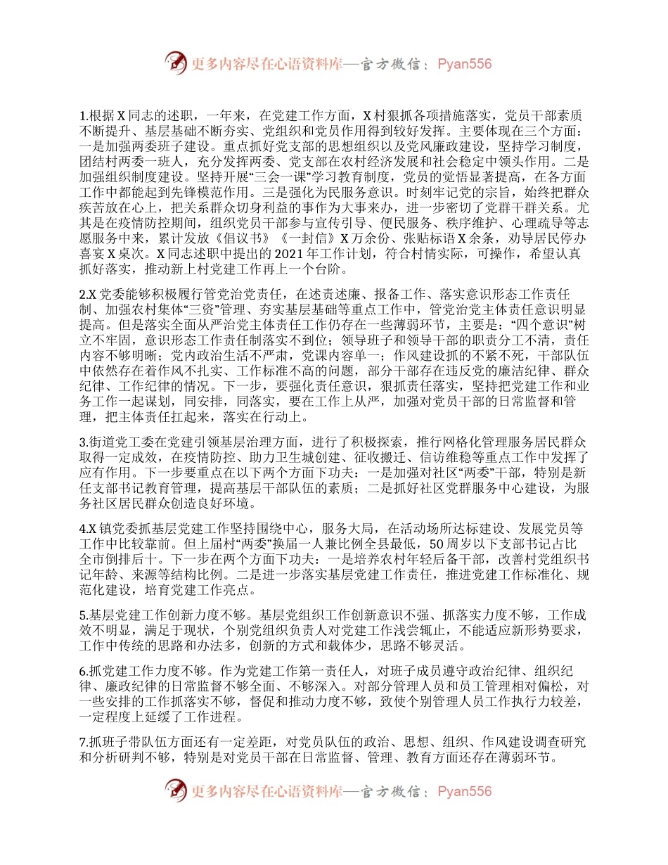 书记抓基层党建工作述职大会领导点评问题（100条）.docx_第1页