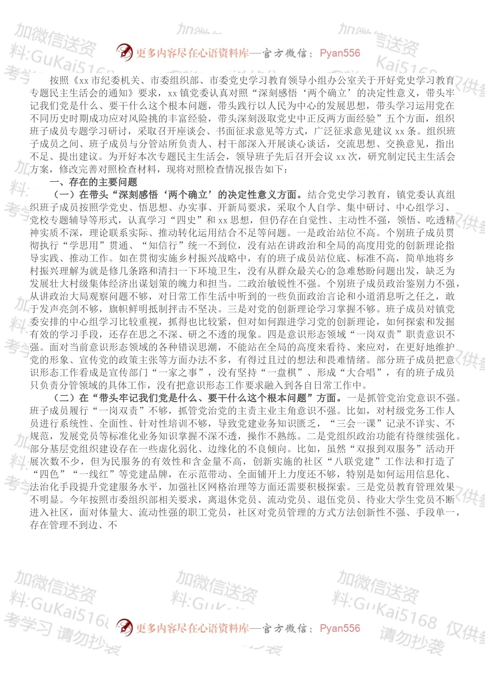 乡镇领导班子党史学习教育专题民主生活会对照检查材料.docx_第1页
