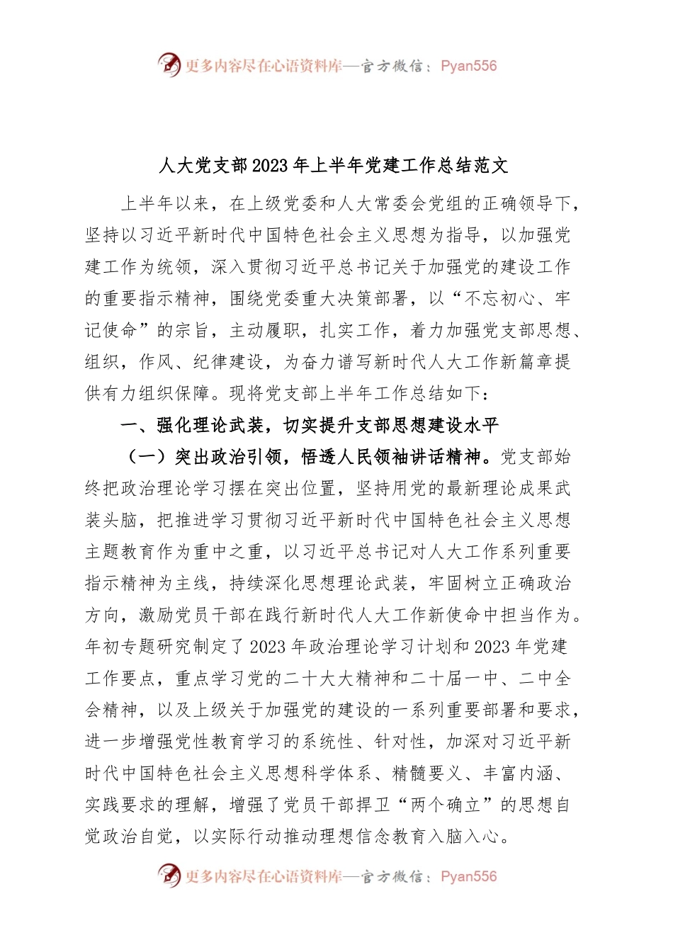人大党支部2023年上半年党建工作总结范文.docx_第1页