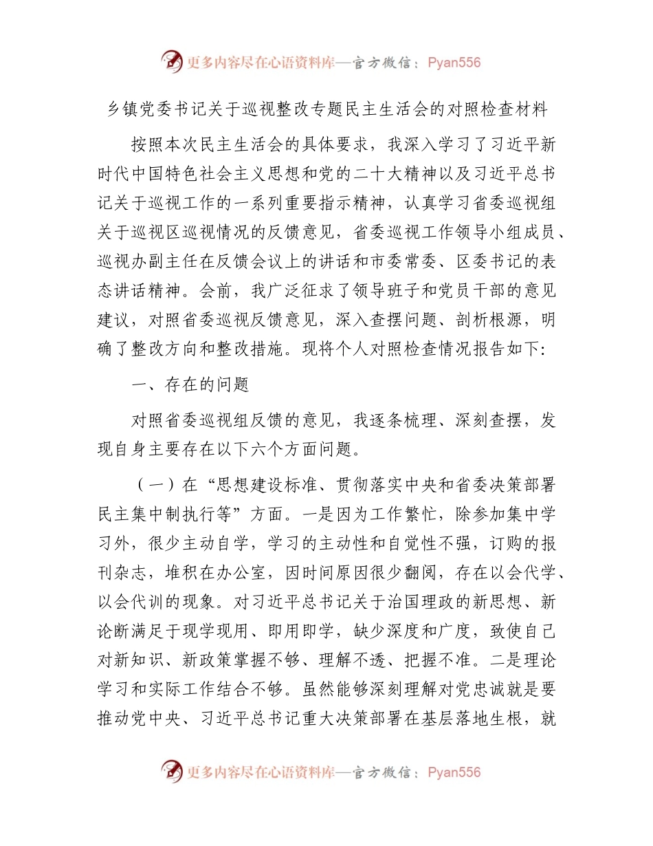 乡镇书记巡视（巡察）整改专题民主生活会对照检查3900字.docx_第1页