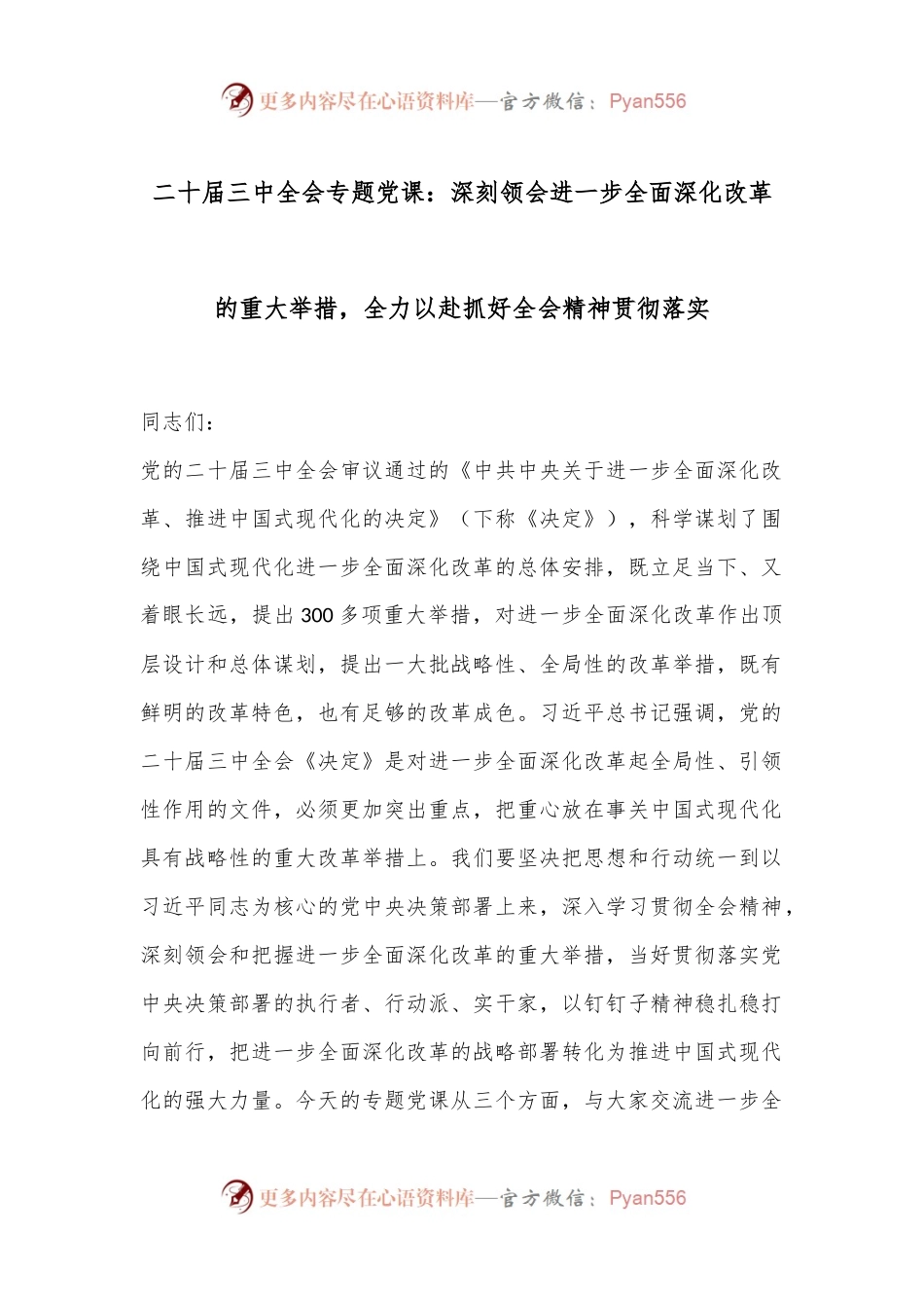 二十届三中全会专题党课：深刻领会进一步全面深化改革的重大举措，全力以赴抓好全会精神贯彻落实.docx_第1页