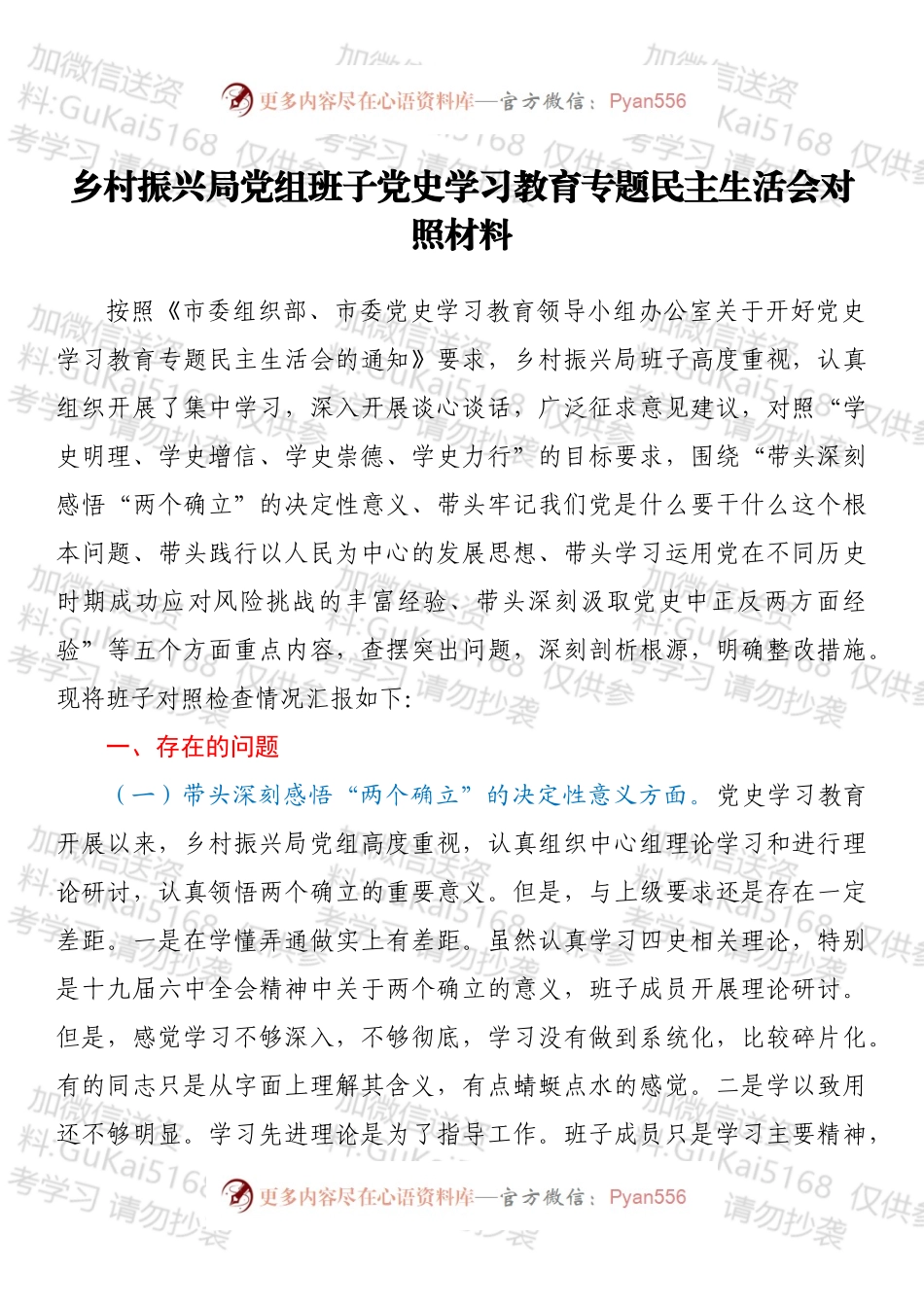 乡村振兴局党组班子党史学习教育专题民主生活会对照材料.docx_第1页