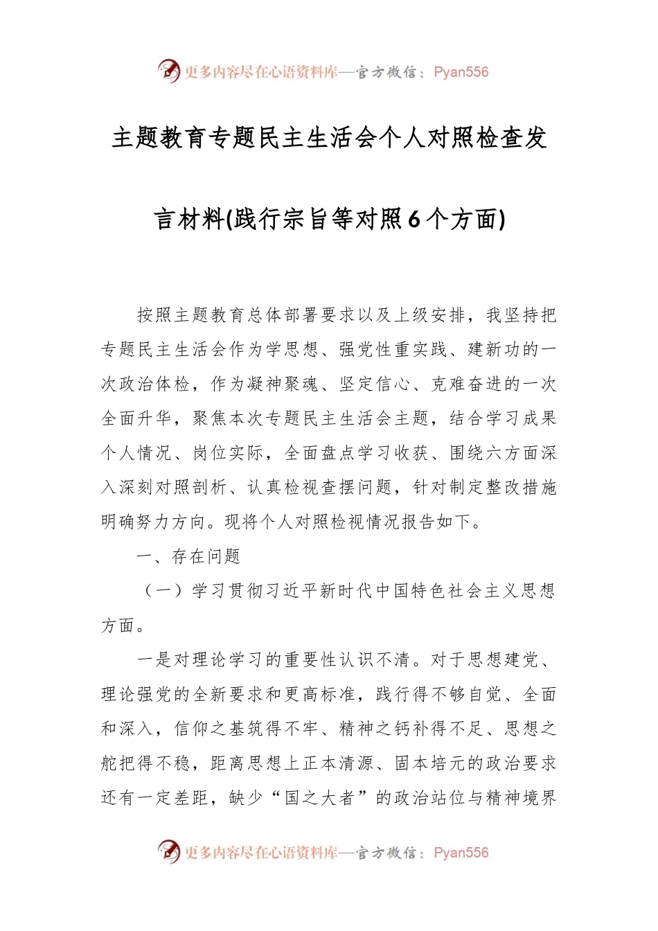 主题教育专题民主生活会个人对照检查发言稿材料(践行宗旨等对照6个方面).docx_第1页