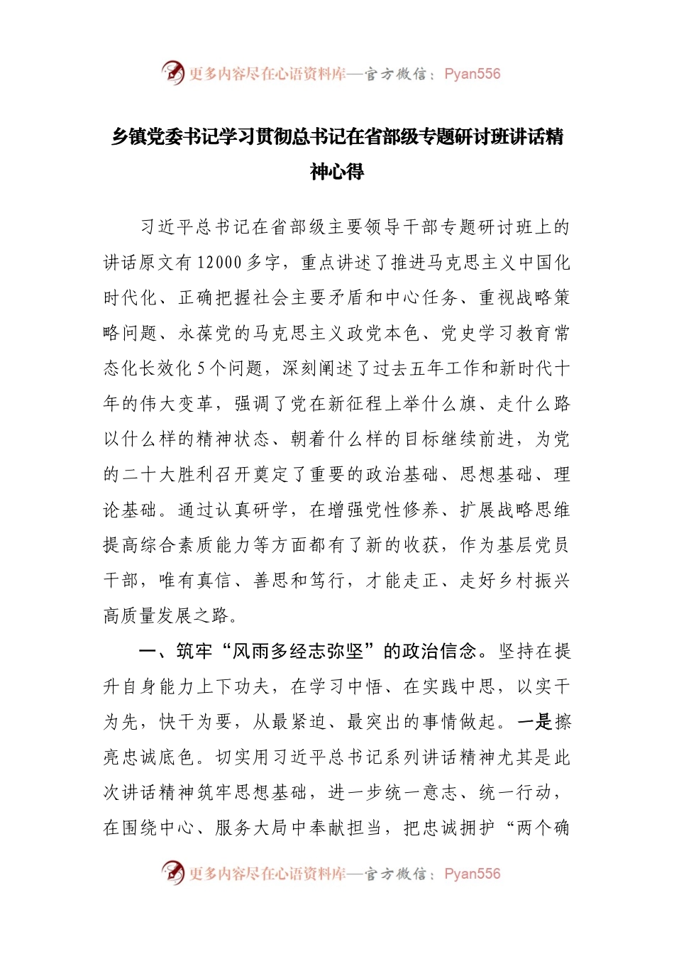 乡镇党委书记学习贯彻总书记在省部级专题研讨班讲话精神心得.docx_第1页