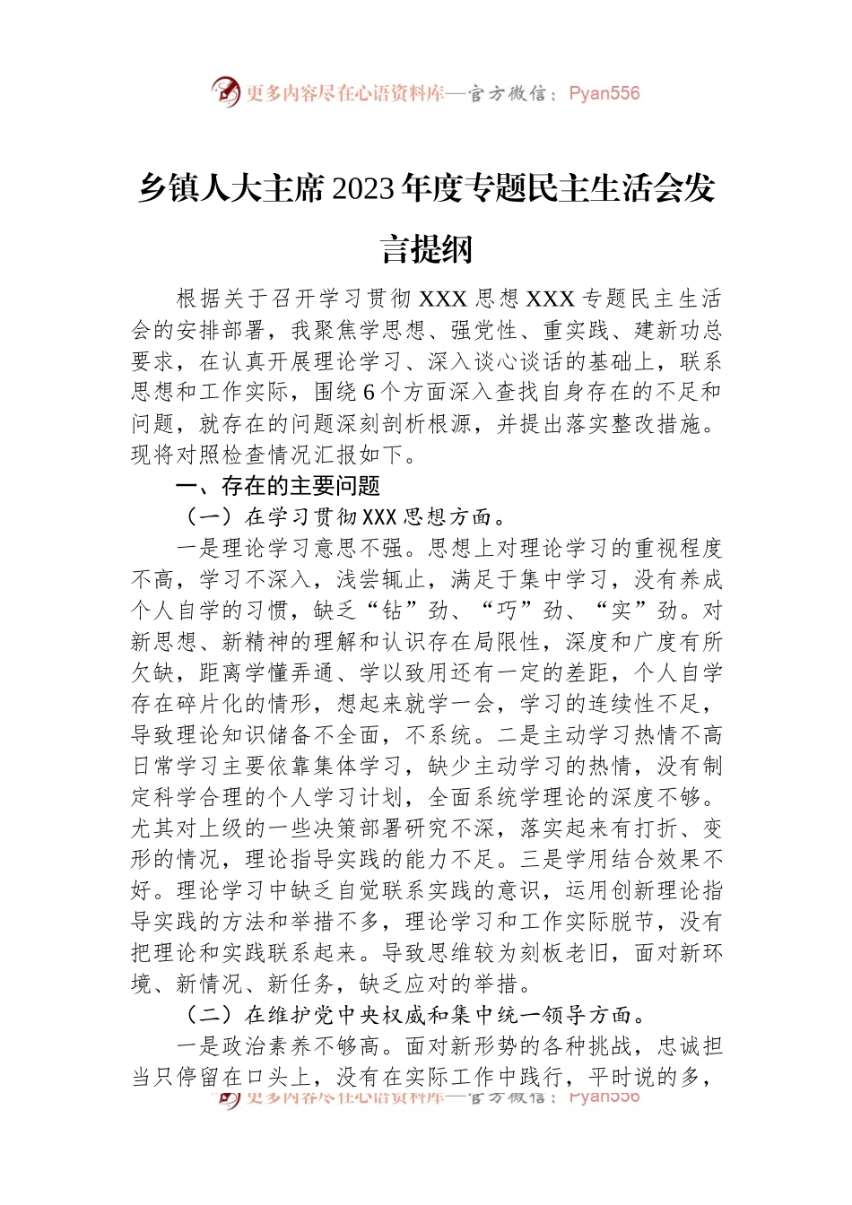 乡镇人大主席2023年度专题民主生活会发言稿提纲.docx_第1页