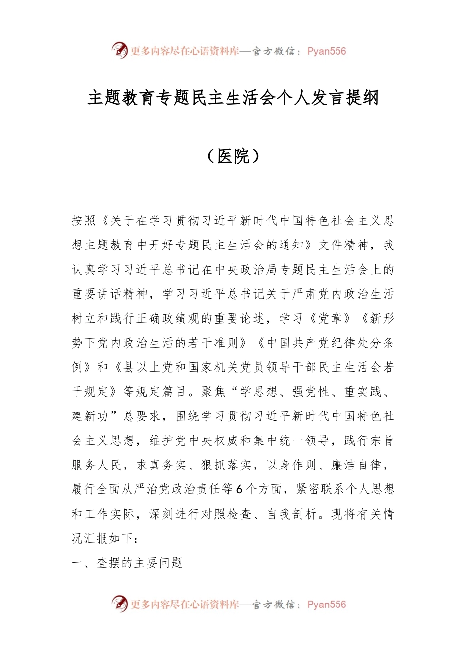 主题教育专题民主生活会个人发言稿提纲（医院）.docx_第1页