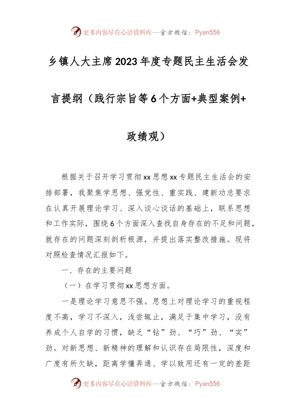 乡镇人大主席2023年度专题民主生活会发言稿提纲（践行宗旨等6个方面+典型案例+政绩观）.docx_第1页