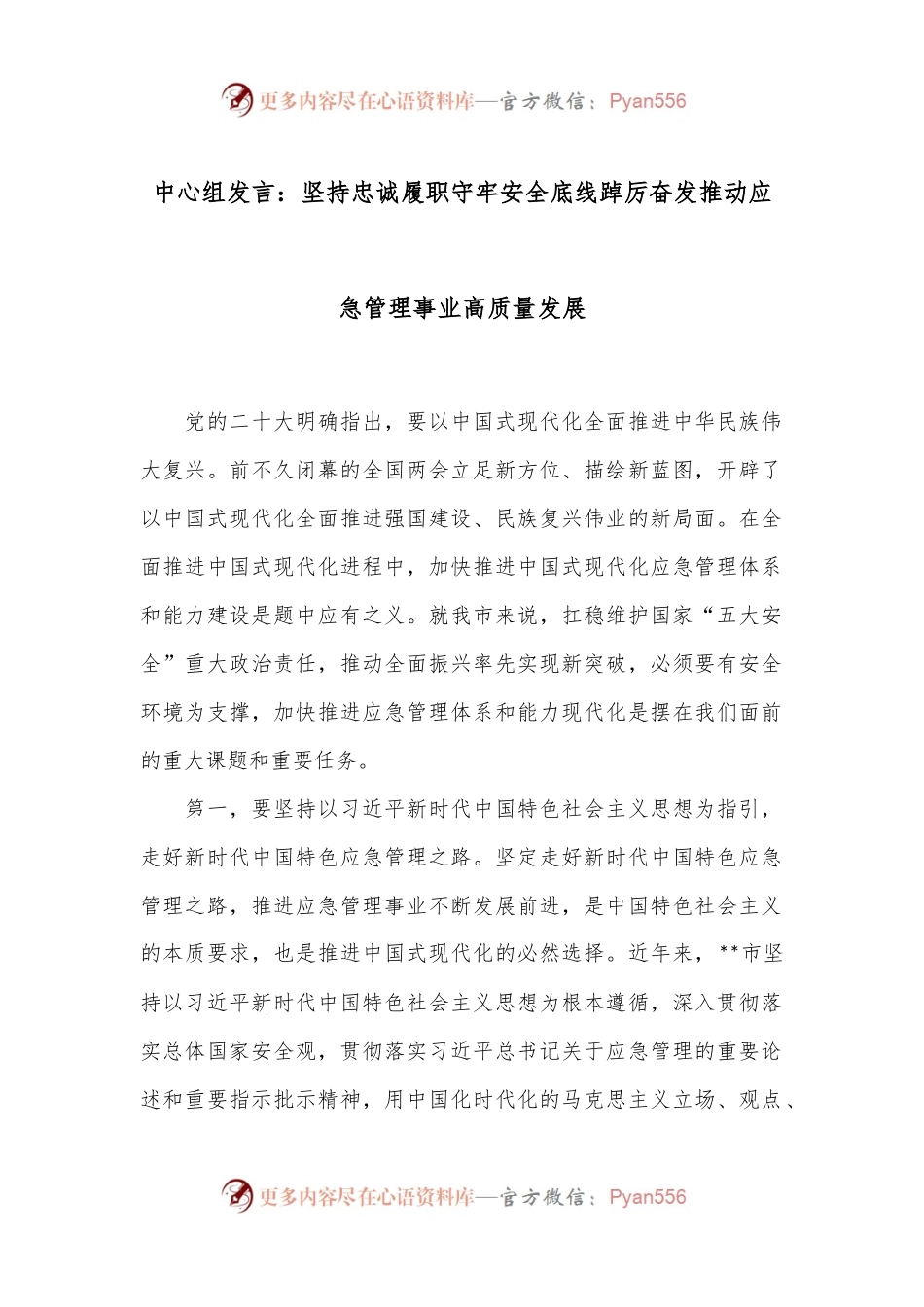 中心组发言：坚持忠诚履职 守牢安全底线 踔厉奋发推动应急管理事业高质量发展.docx_第1页