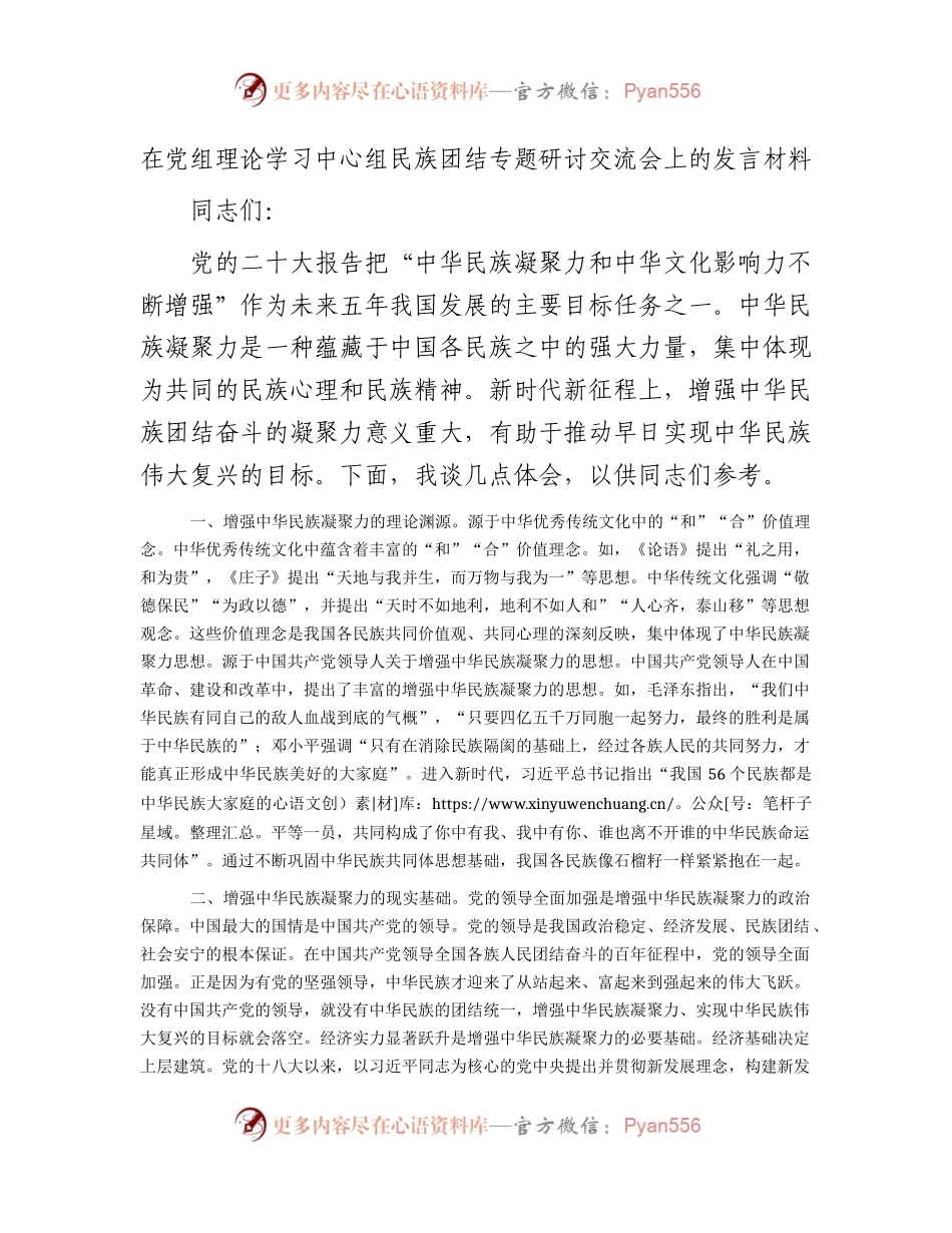 中心组民族团结专题研讨交流会上的发言材料.docx_第1页