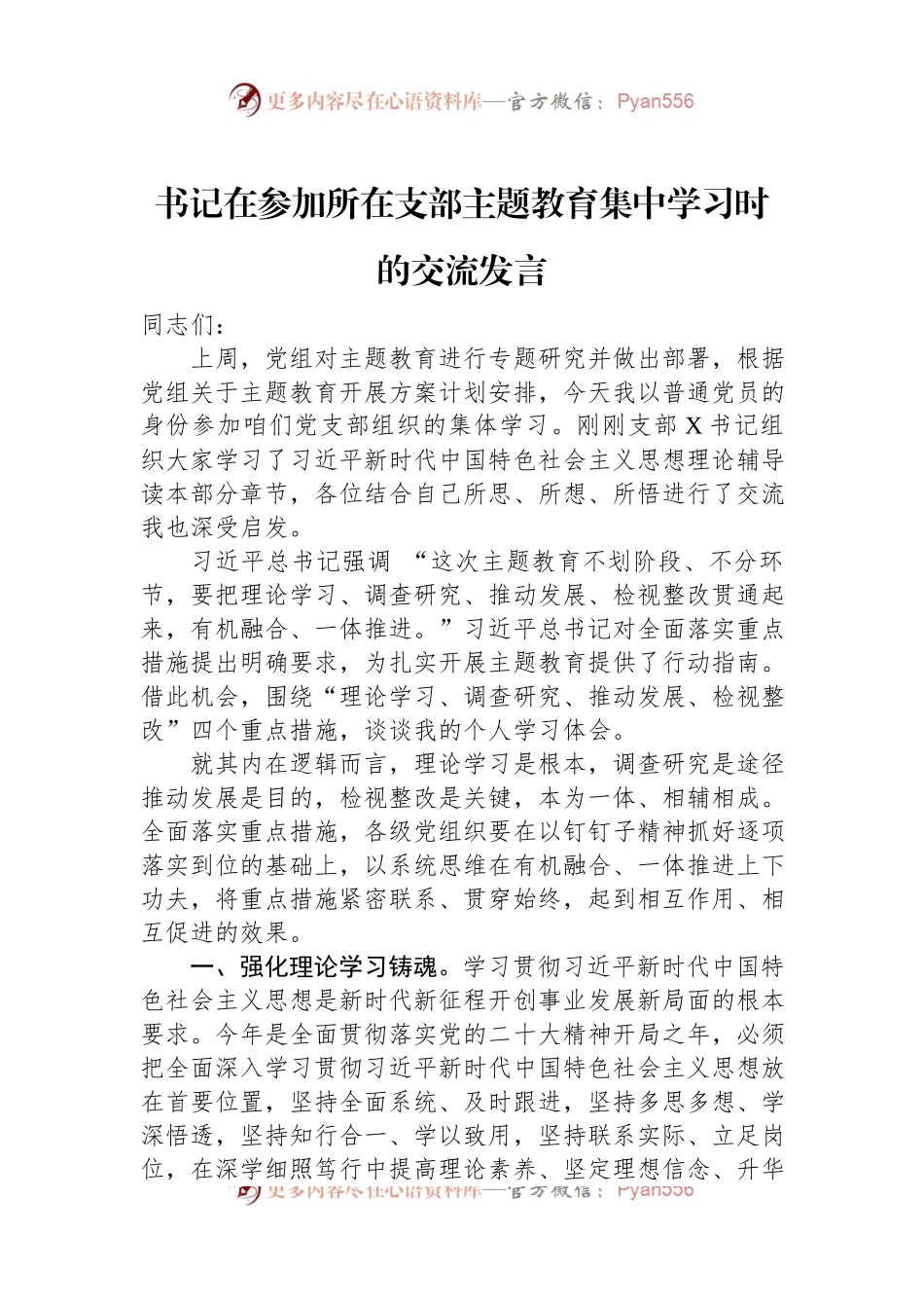 书记在参加所在支部主题教育集中学习时的交流发言.docx_第1页