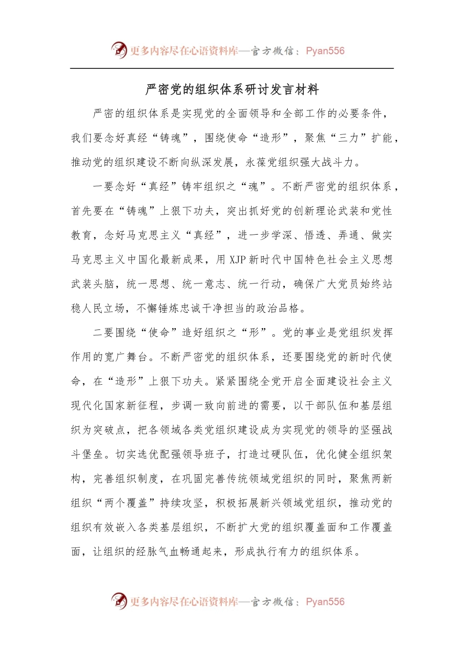 严密党的组织体系研讨发言材料.docx_第1页