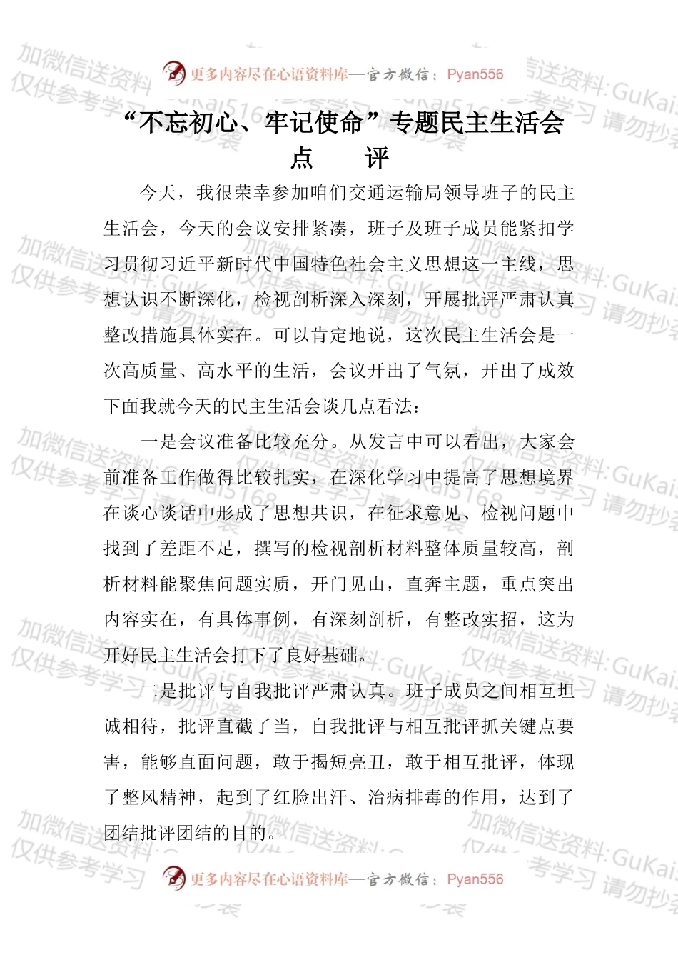 不忘初心牢记使命专题民主生活会点评2.docx_第1页