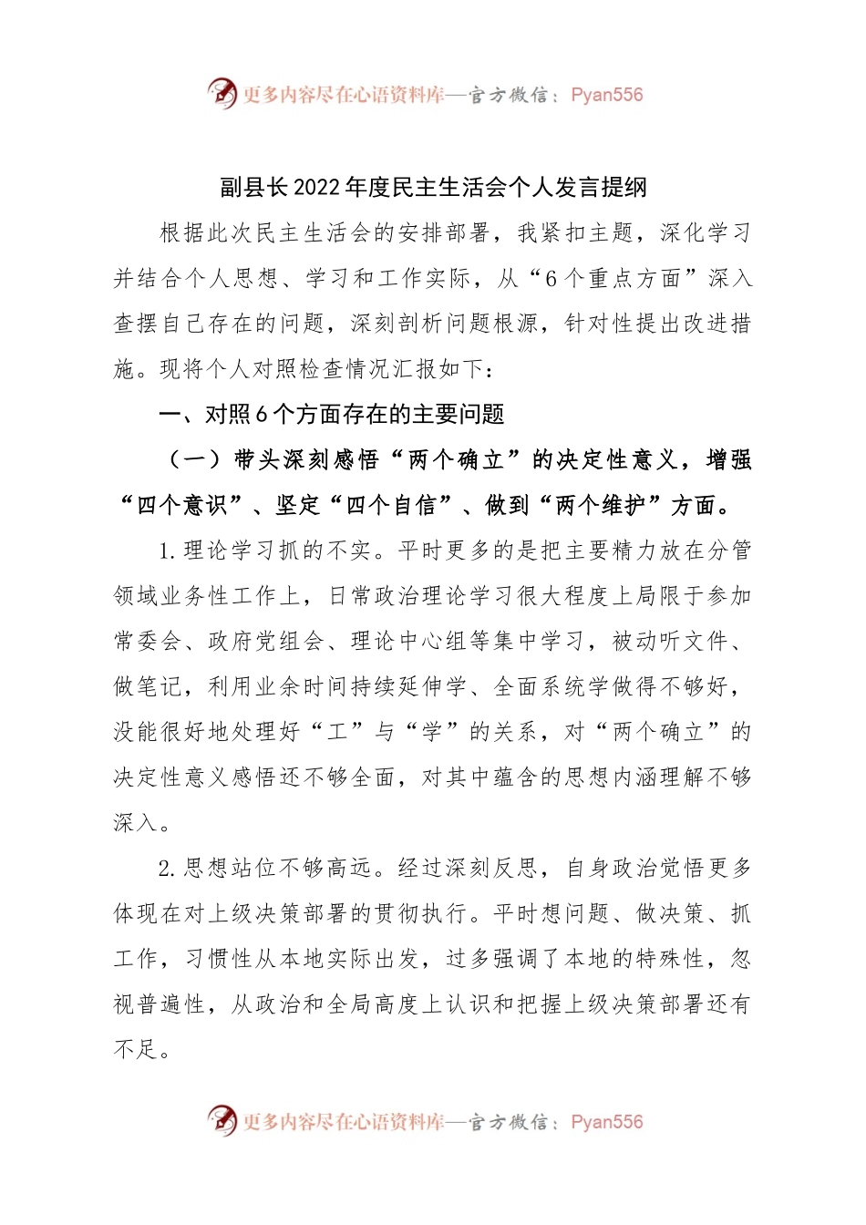 个人副县长2022年度民主生活会个人发言提纲.docx_第1页