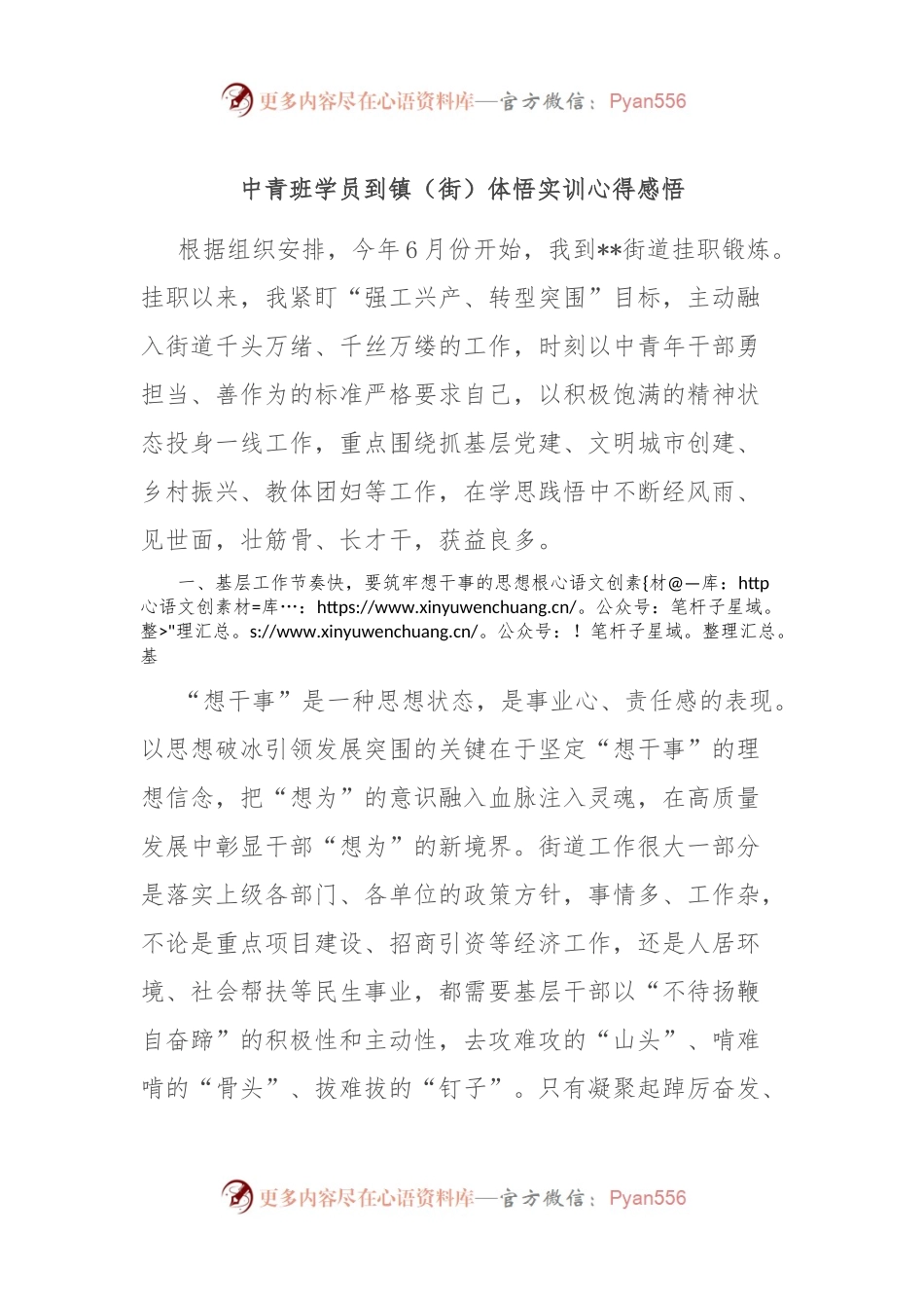 中青班学员到镇（街）体悟实训心得感悟.docx_第1页