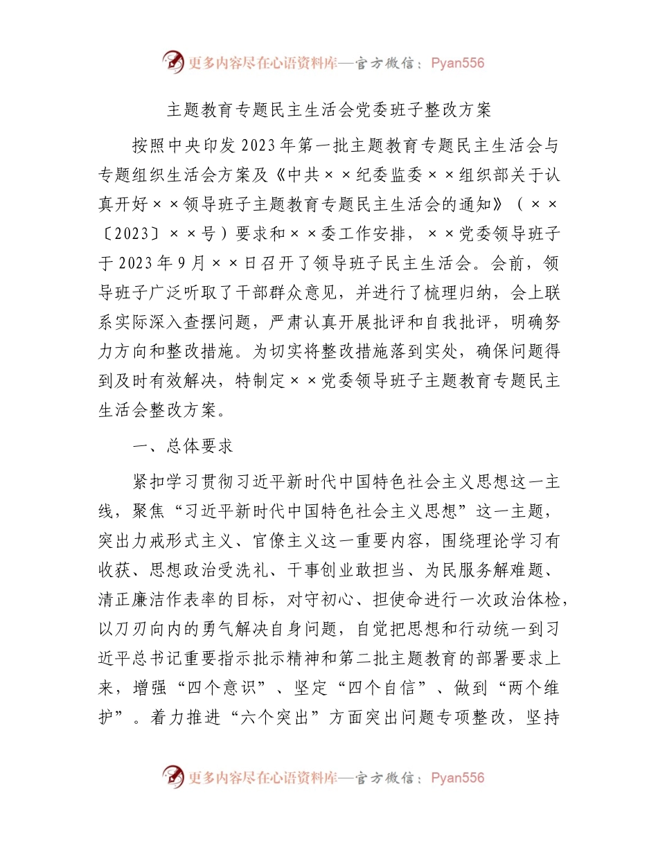 主题教育专题民主生活会班子整改方案3600字.docx_第1页