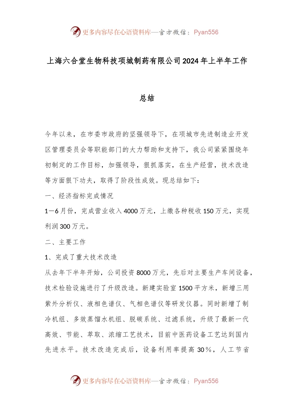 上海六合堂生物科技项城制药有限公司2024年上半年工作总结.docx_第1页