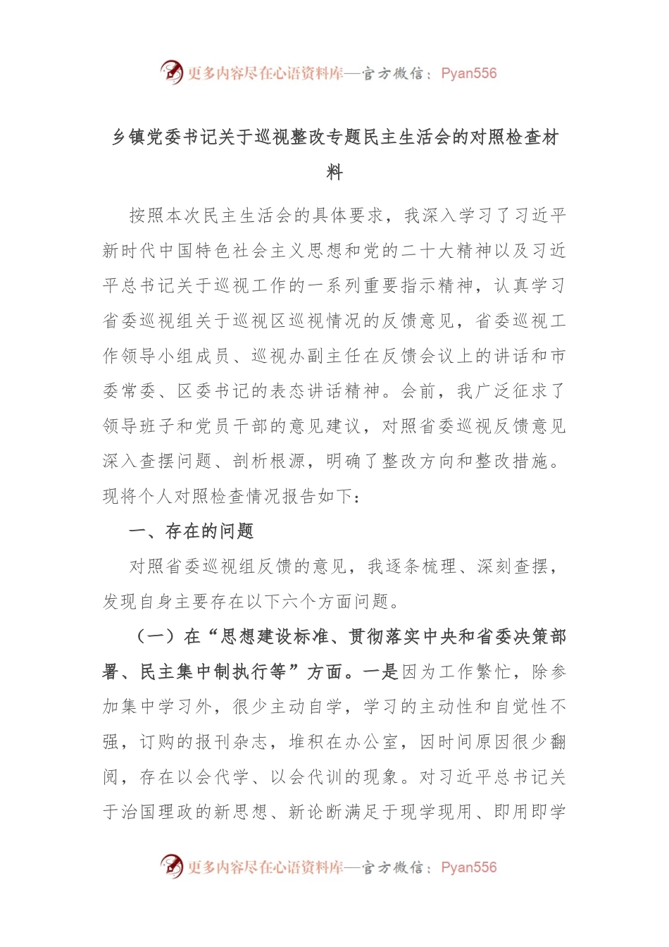 乡镇党委书记关于巡视整改专题民主生活会的对照检查材料.docx_第1页