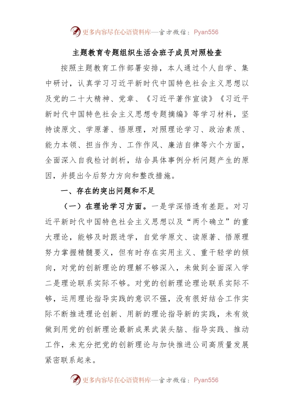 主题教育专题组织生活会班子成员对照检查.docx_第1页