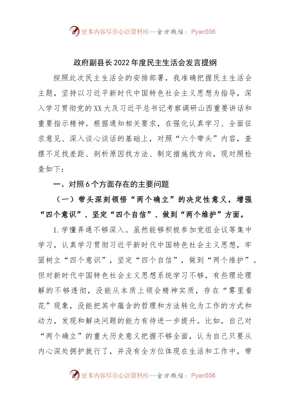 个人政府副县长2022年度民主生活会发言提纲.docx_第1页