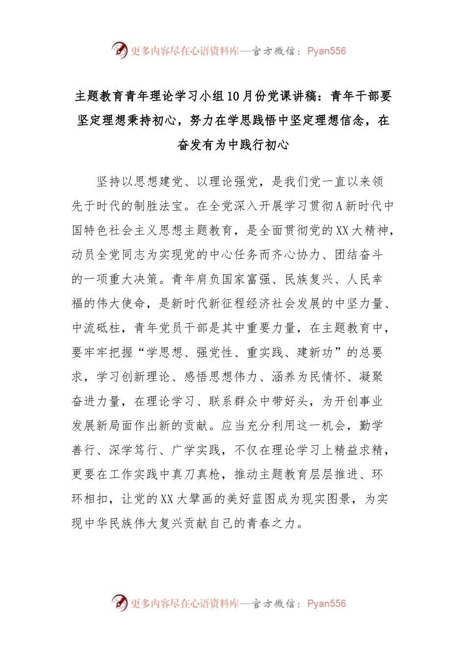主题教育青年理论学习小组10月份党课讲稿：青年干部要坚定理想秉持初心，努力在学思践悟中坚定理想信念，在奋发有为中践行初心.docx_第1页