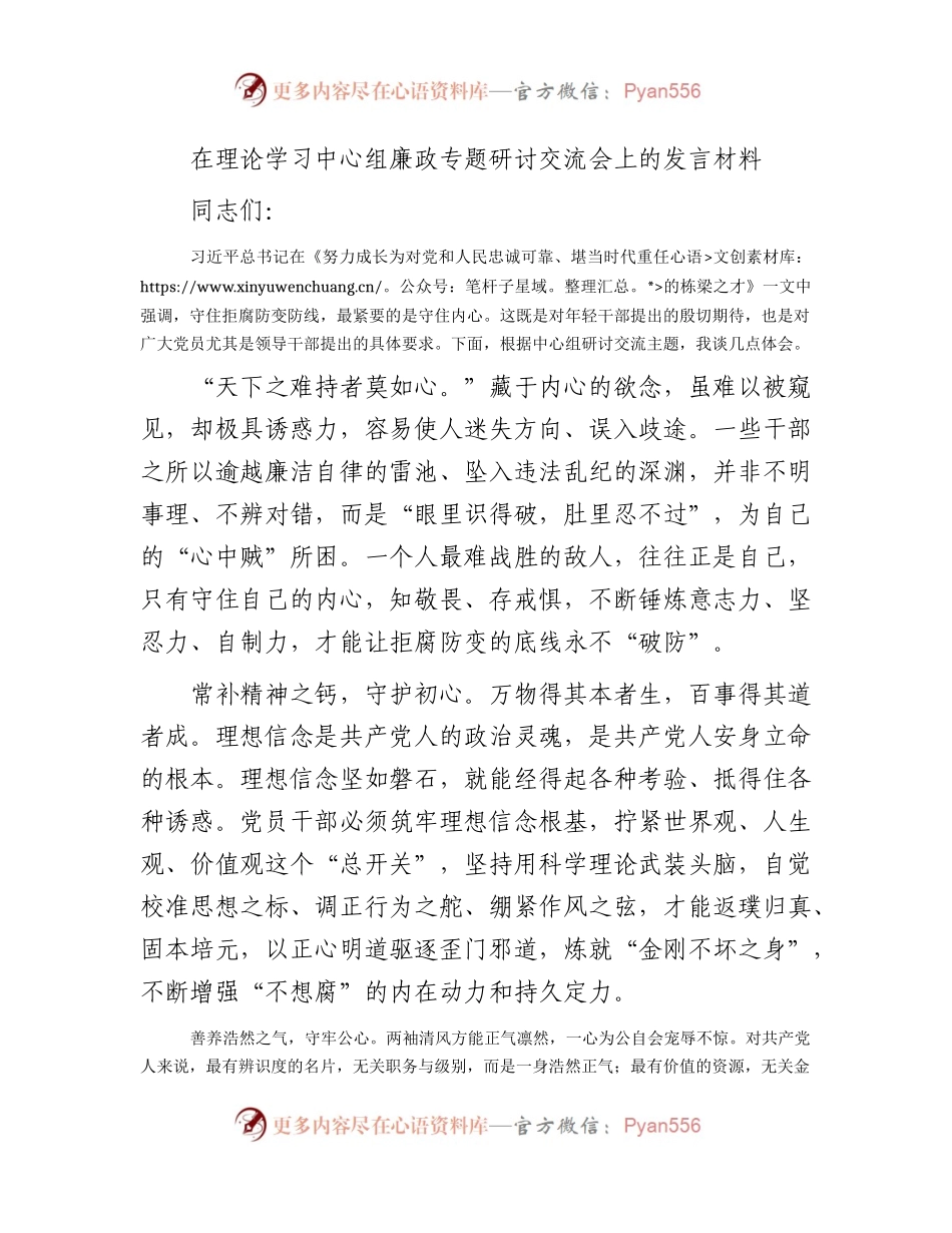 中心组廉政专题研讨交流会上的发言.docx_第1页