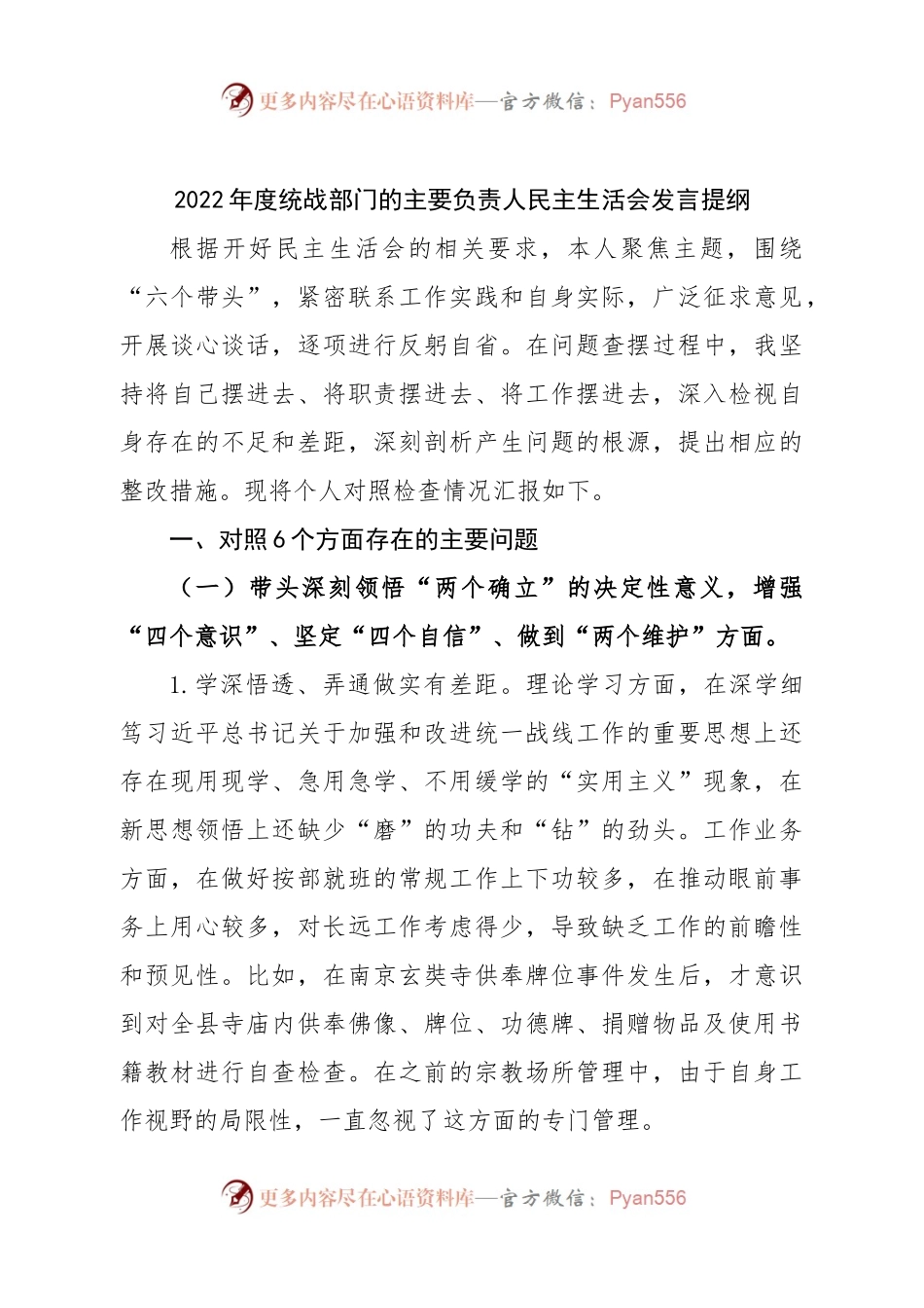 个人2022年度统战部门的主要负责人民主生活会发言提纲.docx_第1页