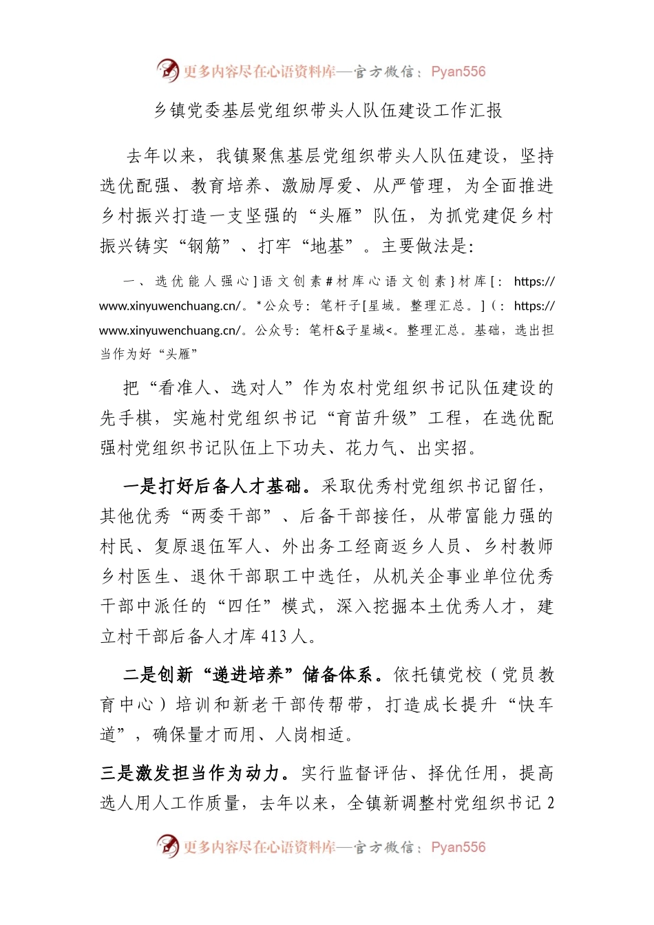 乡镇党委基层党组织带头人队伍建设工作汇报.docx_第1页