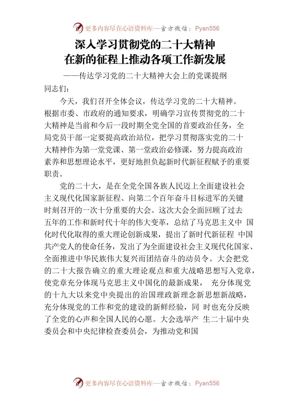 传达学习党的二十大精神大会上的党课提纲——深入学习贯彻党的二十大精神在新的征程上推动各项工作新发展.docx_第1页