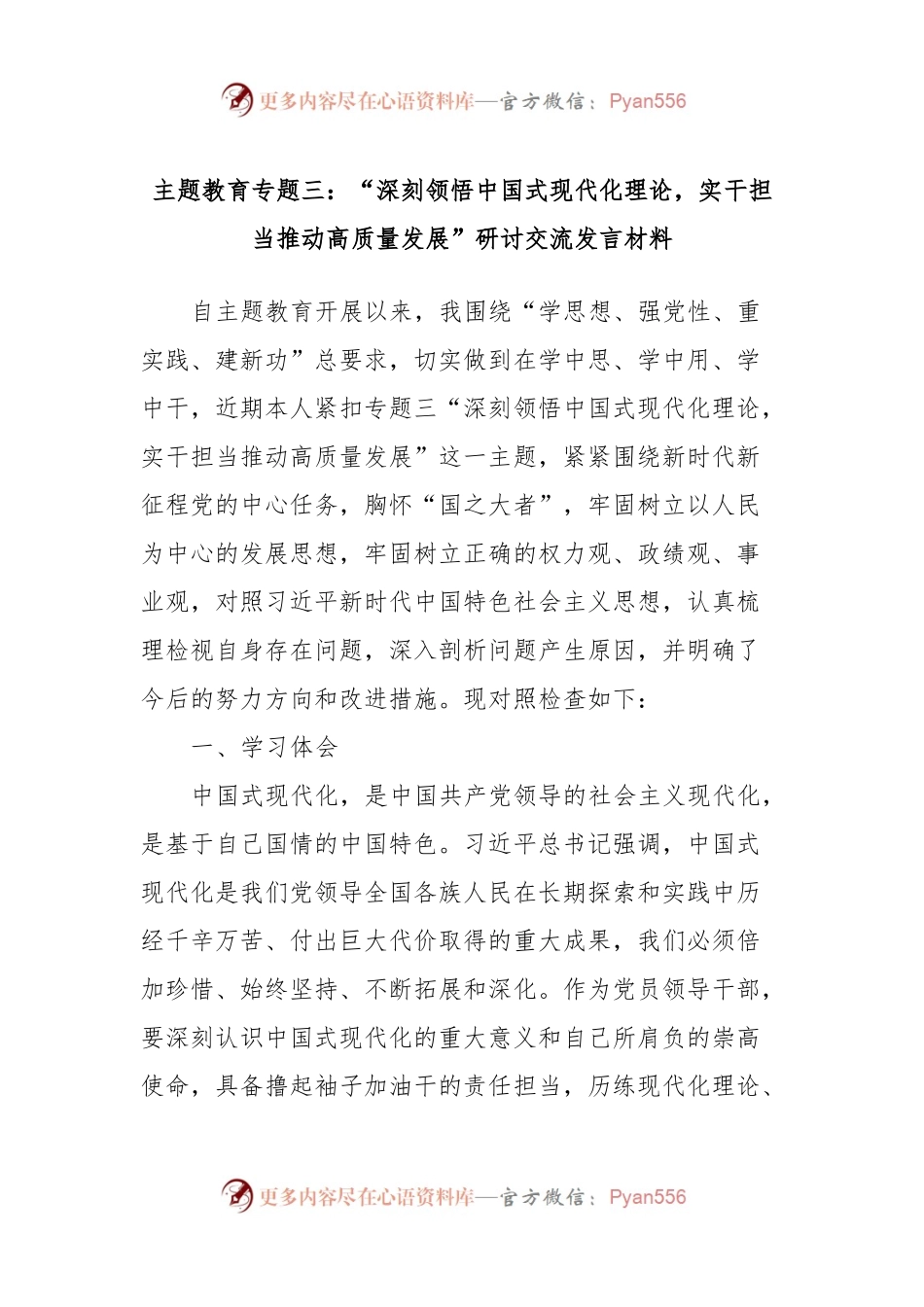 主题教育专题三：“深刻领悟中国式现代化理论，实干担当推动高质量发展”研讨交流发言材料.docx_第1页