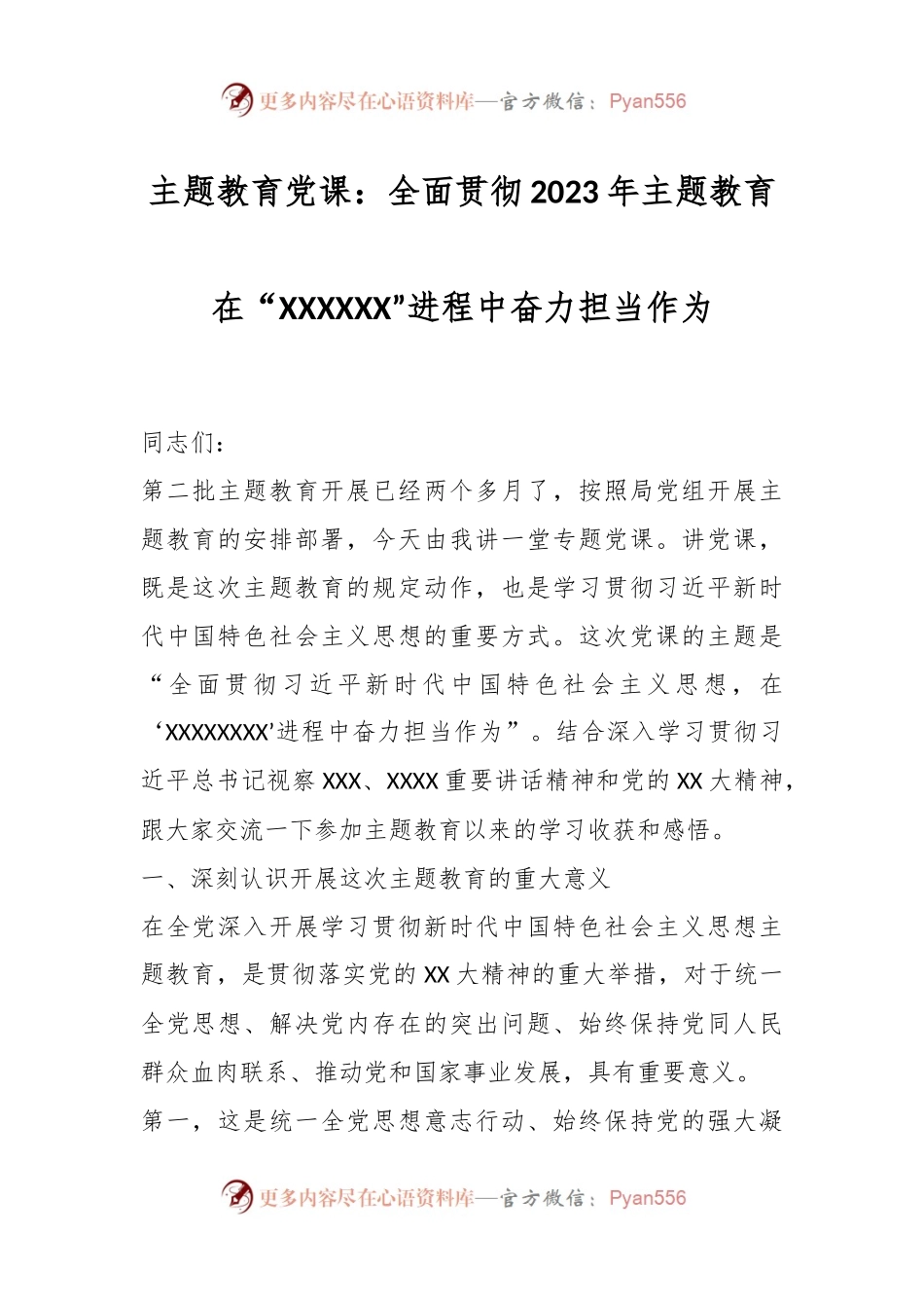 主题教育党课：全面贯彻2023年主题教育在“XXXXXX”进程中奋力担当作为.docx_第1页