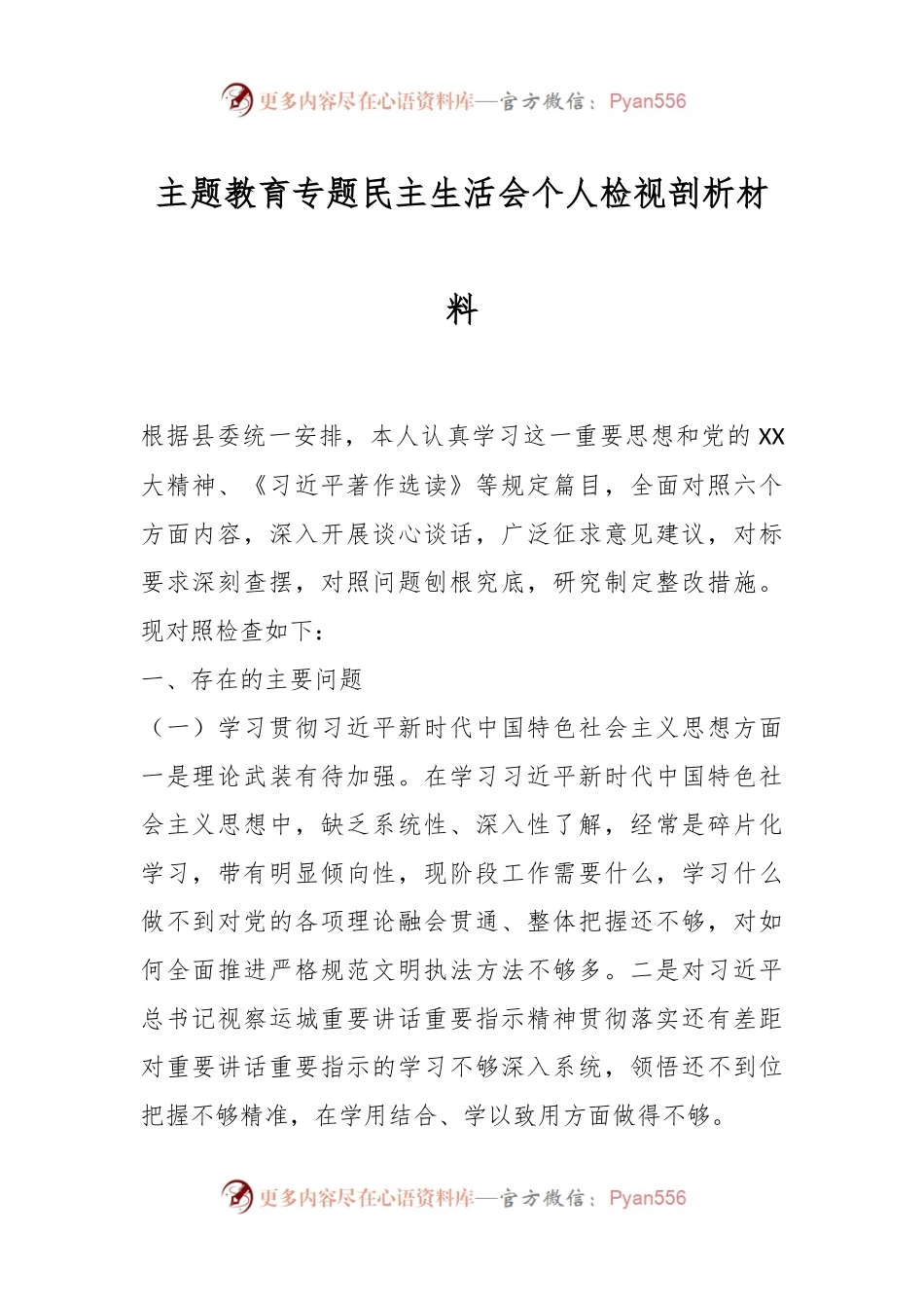 主题教育专题民主生活会个人检视剖析材料.docx_第1页