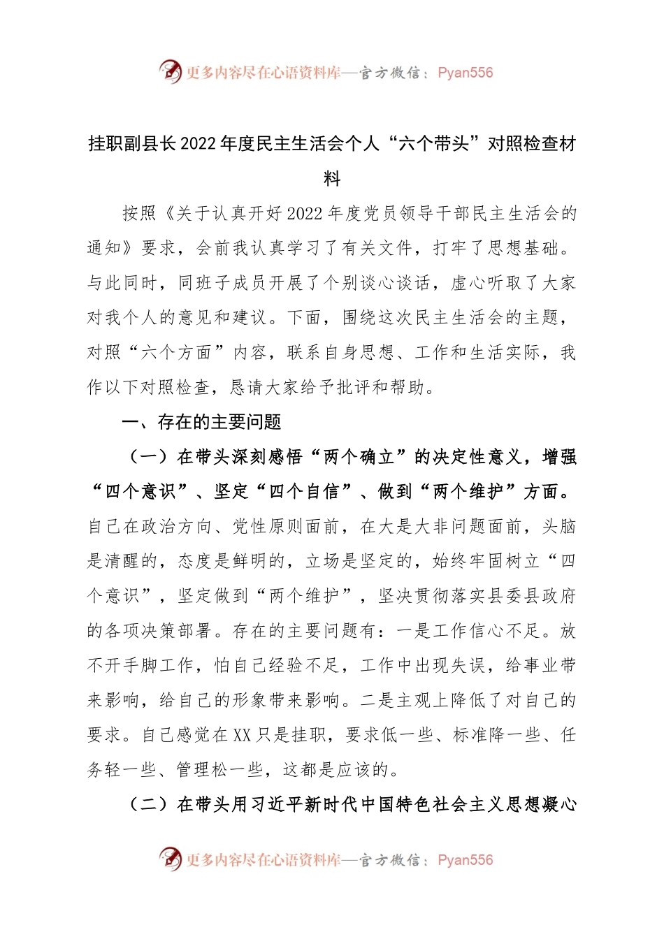 个人挂职副县长2022年度民主生活会个人“六个带头”对照检查材料.docx_第1页