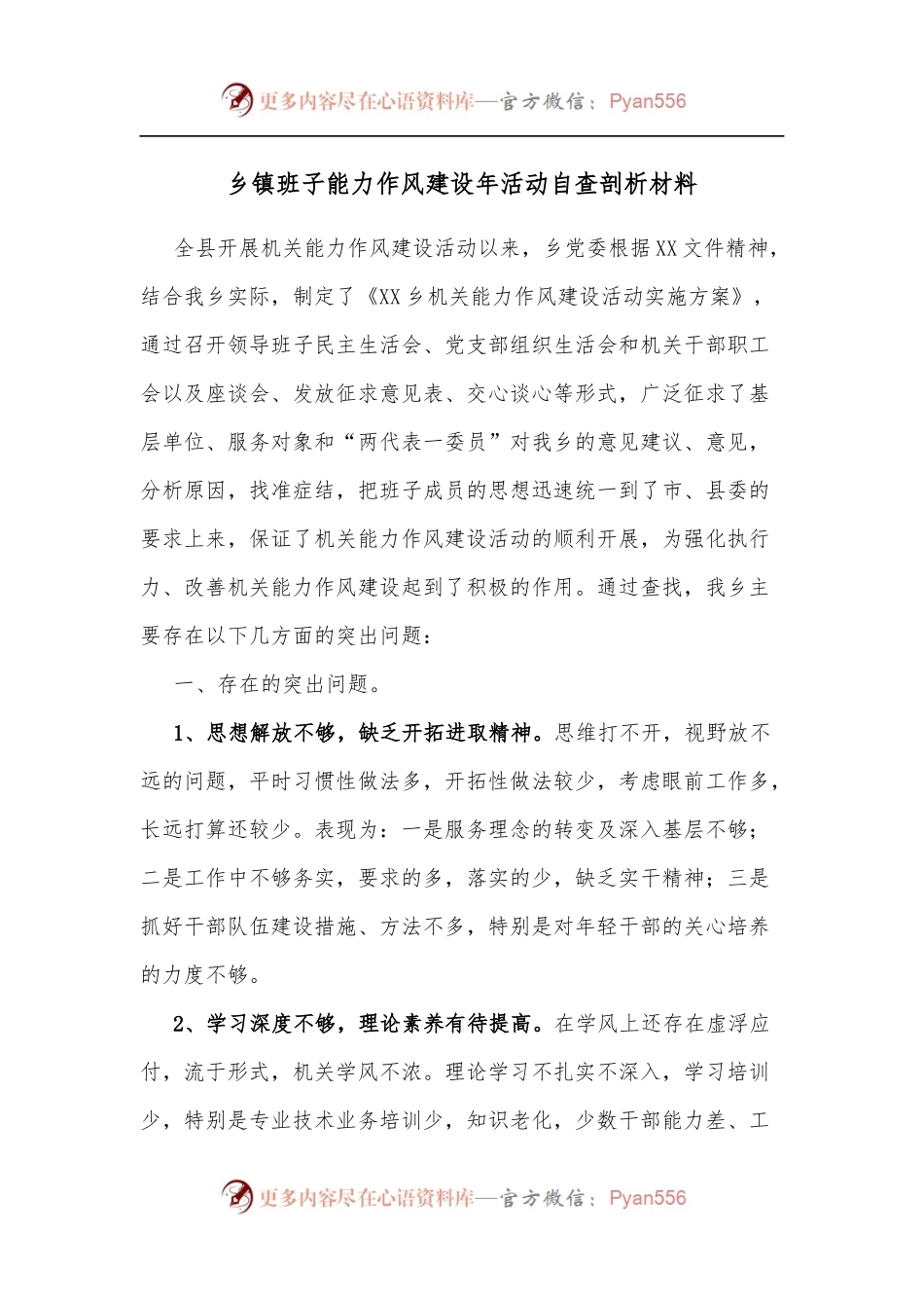 乡镇班子能力作风建设年活动自查剖析材料.docx_第1页