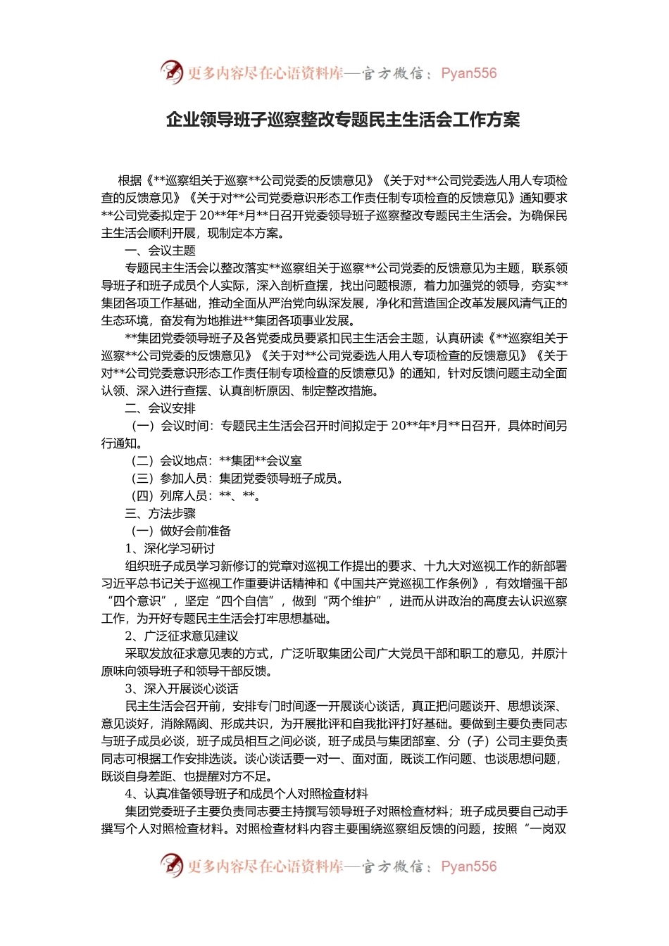 企业领导班子巡察整改专题民主生活会工作方案.docx_第1页