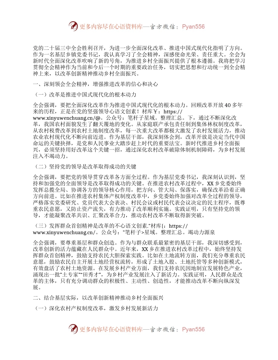 乡镇党委书记学习党的二十届三中全会精神研讨发言.docx_第1页