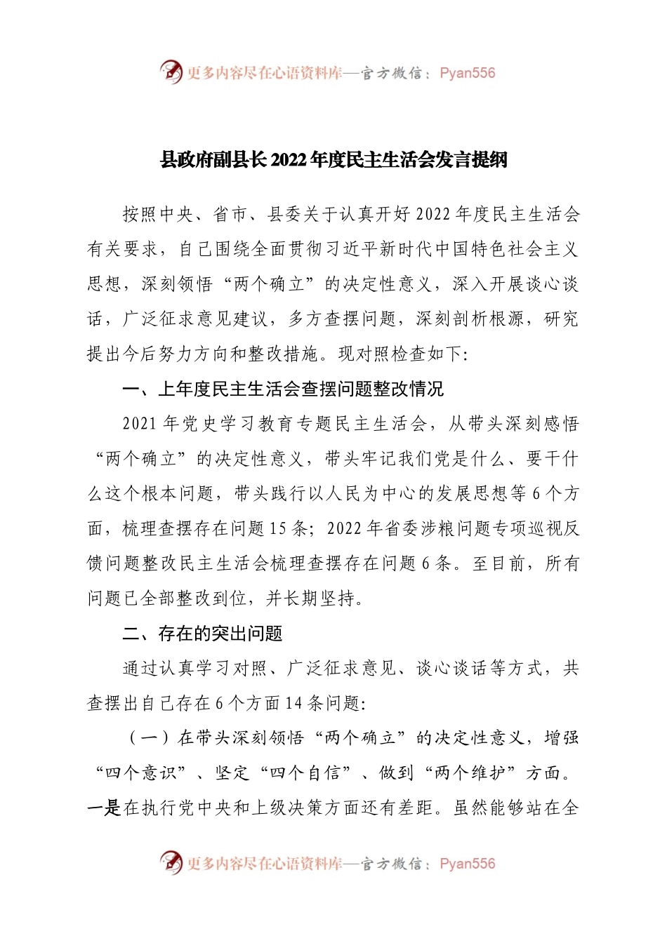 个人县政府副县长2022年度民主生活会发言提纲.docx_第1页