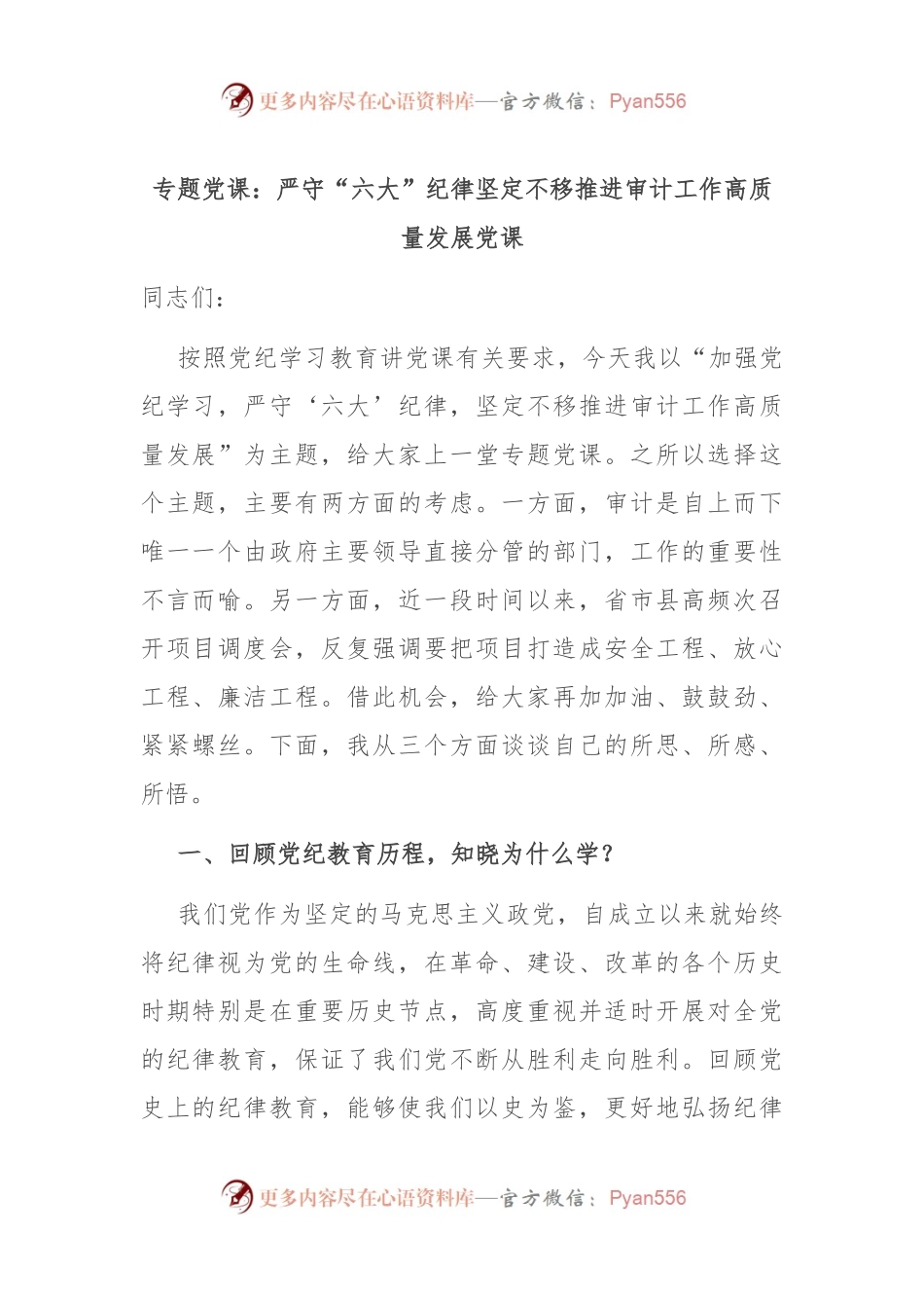 专题党课：严守“六大”纪律 坚定不移推进审计工作高质量发展党课.docx_第1页