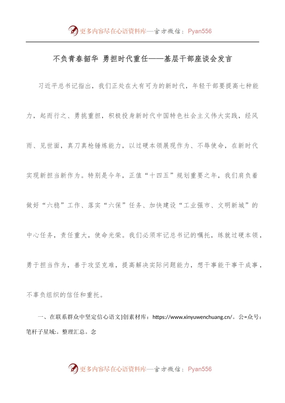 不负青春韶华 勇担时代重任——基层干部座谈会发言.docx_第1页