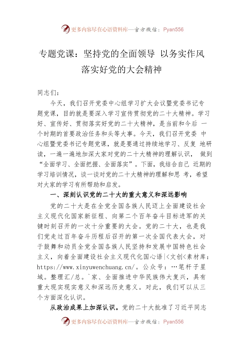 专题党课：坚持党的全面领导 以务实作风落实好党的大会精神.docx_第1页